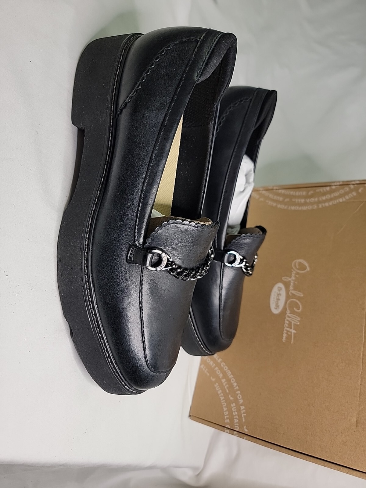 Dr Scholls Venus Black Leather Womens Loafer Size 9.5 With Chain Detail