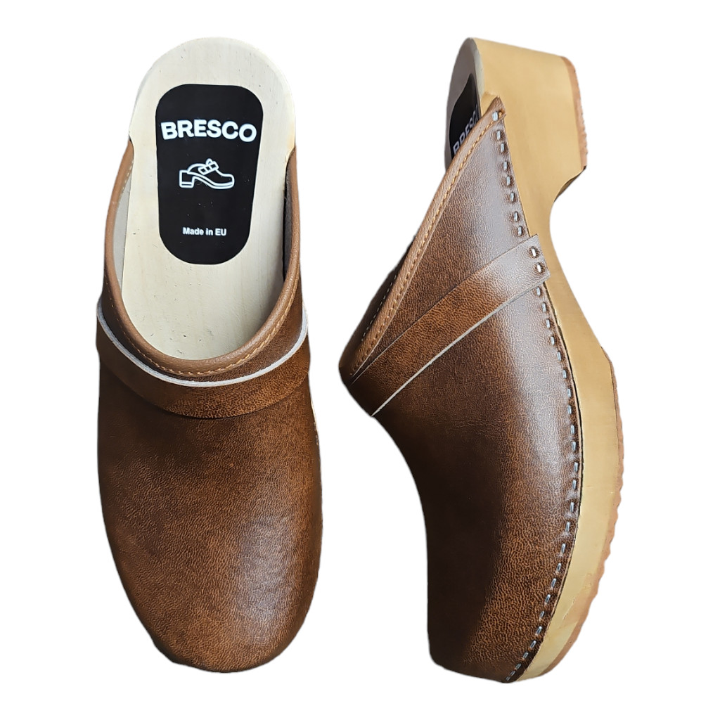 Swedish wooden clogs Made OF natural leather in brown and light wooden sole
