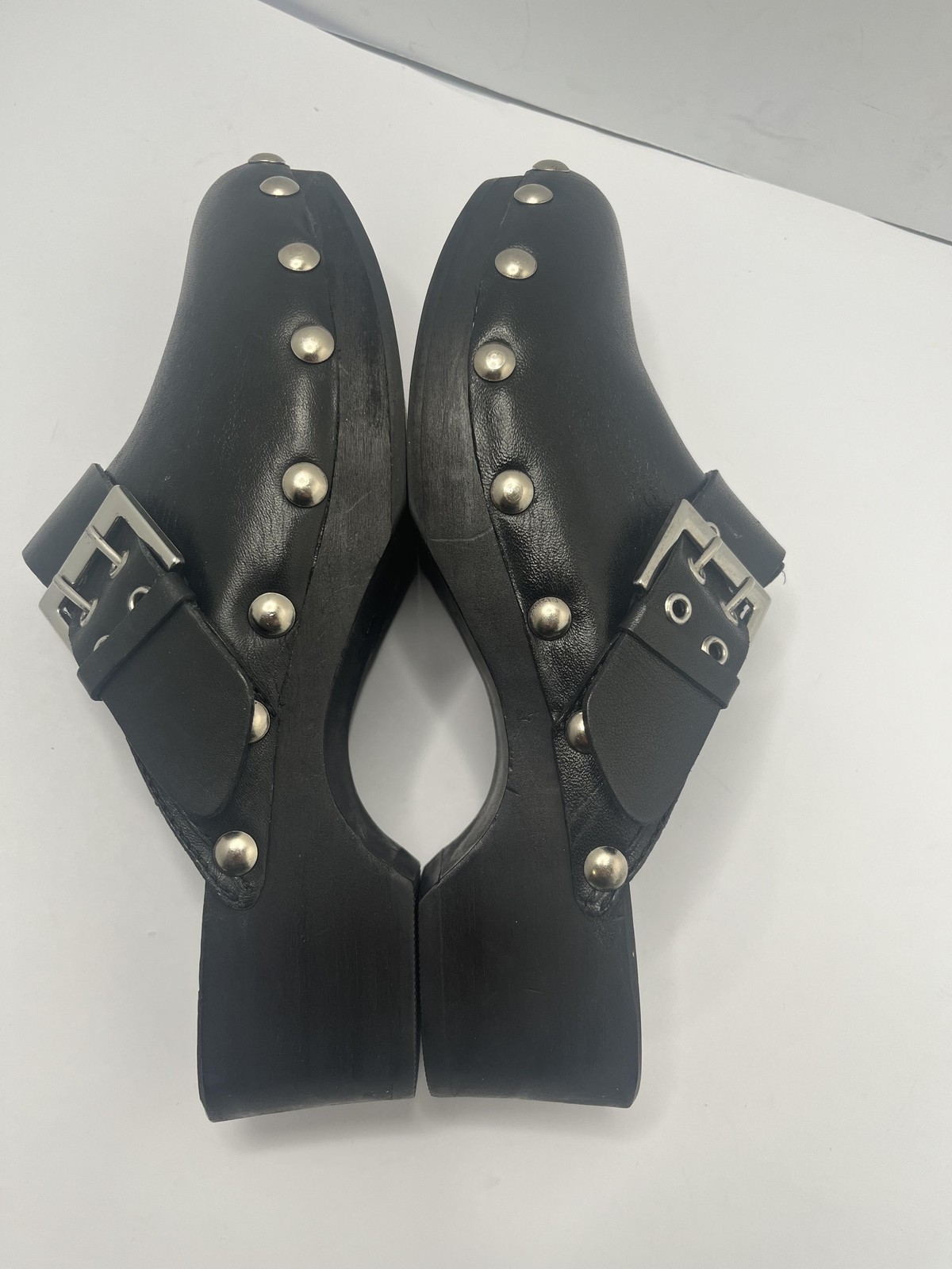 Clog Shoes Womens Size 7 Black Leather Studded Platform Buckle Slip On