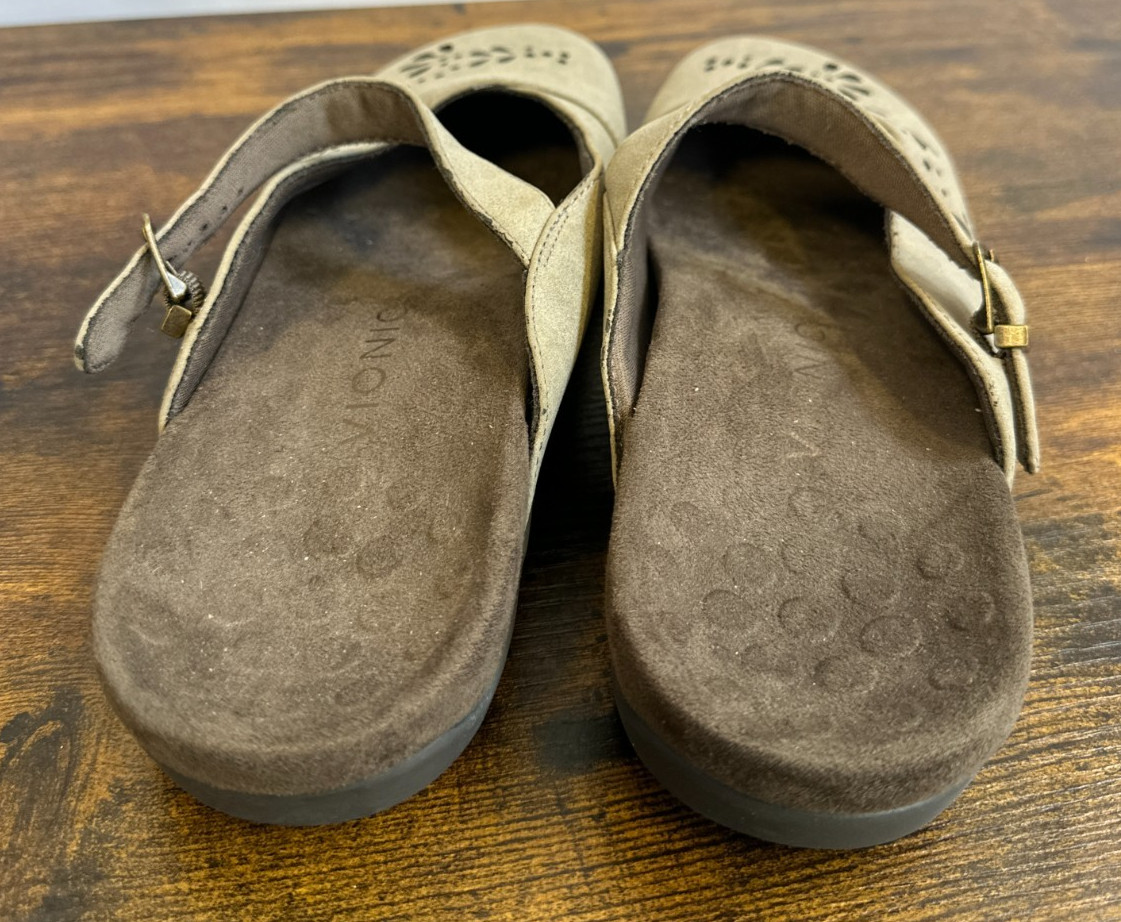 Vionic Rest Midway Mary Jane Mules Taupe Laser Cut Floral Orthotic Shoes Size 8