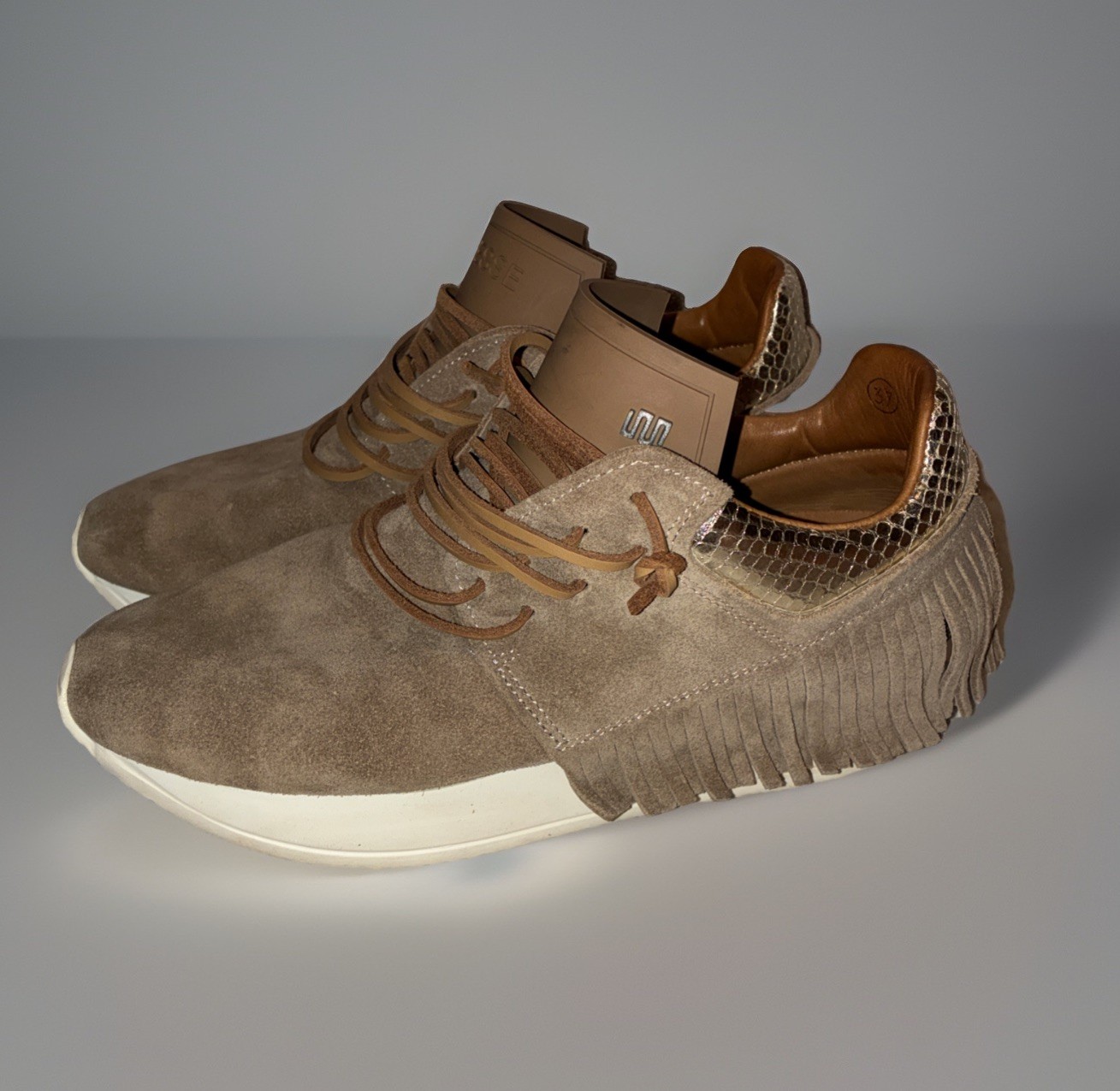 Esseutesse Tan Suede Gold Snake Print Leather Fringe Slip On Sneakers US Sz 7