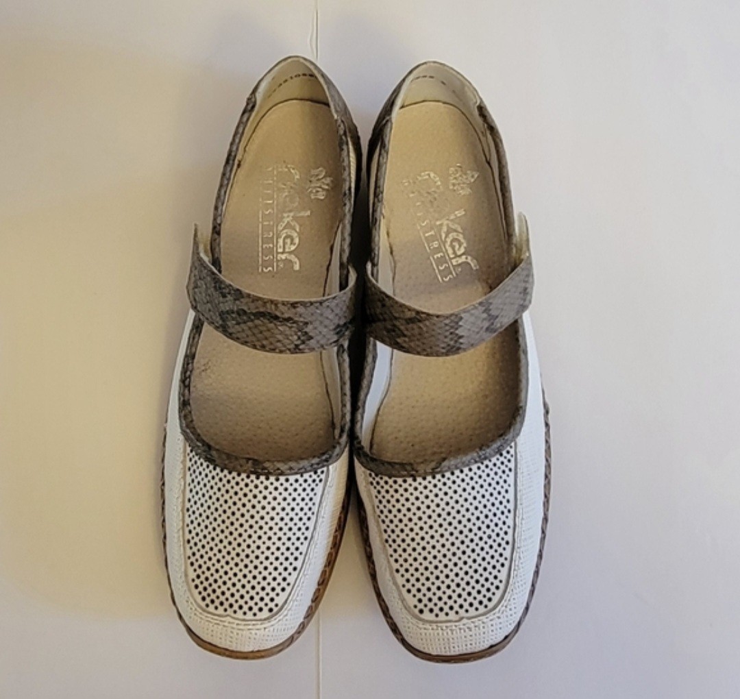 Rieker White and Tan Snake Print Mary Jane Style Comfort Shoes Size EU 38 US 7