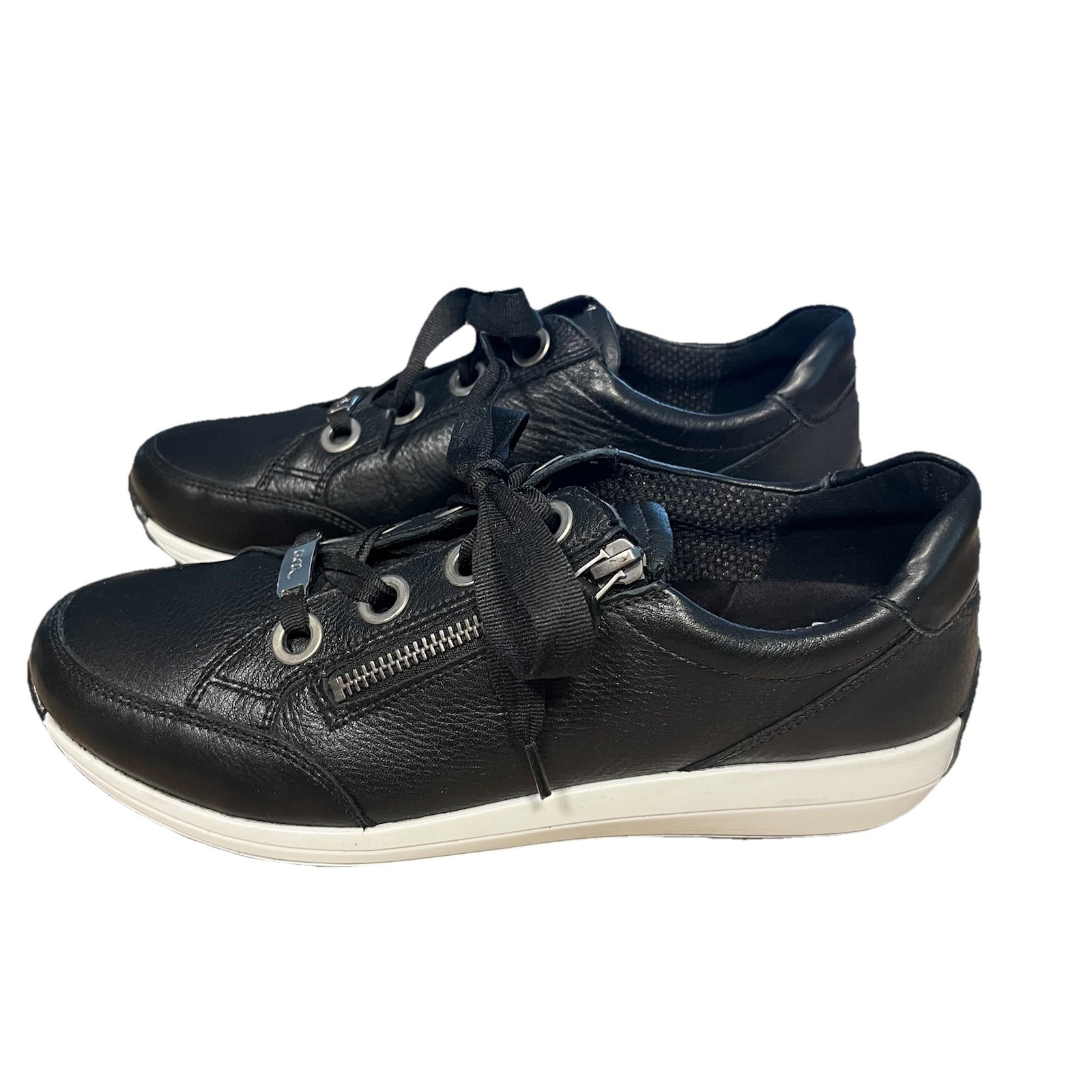ARA Ollie High Soft Black Leather Women Sz 6.5 Comfort Tie/Zip Sneaker Excellent