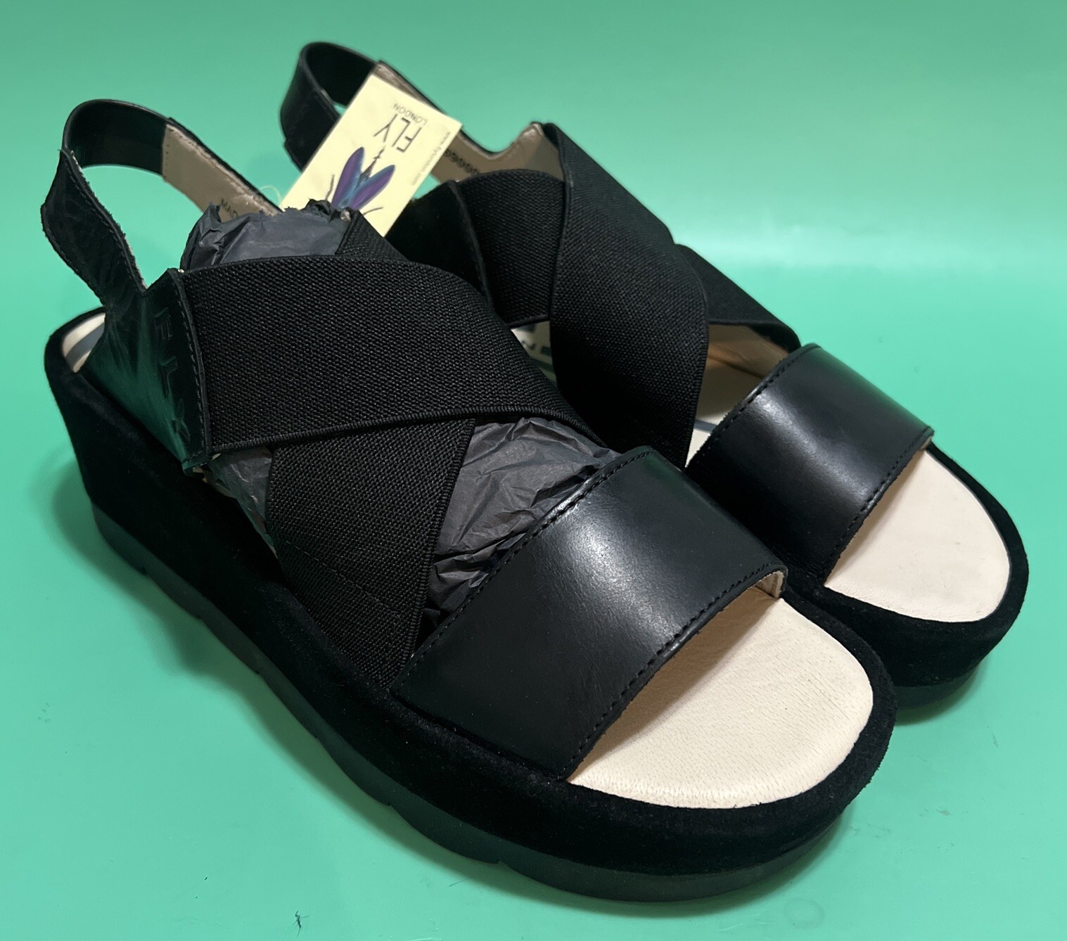NEW FLY London Yaji Strappy Slingback Wedge Shoes Women’s EU 39 US 8.5 Black