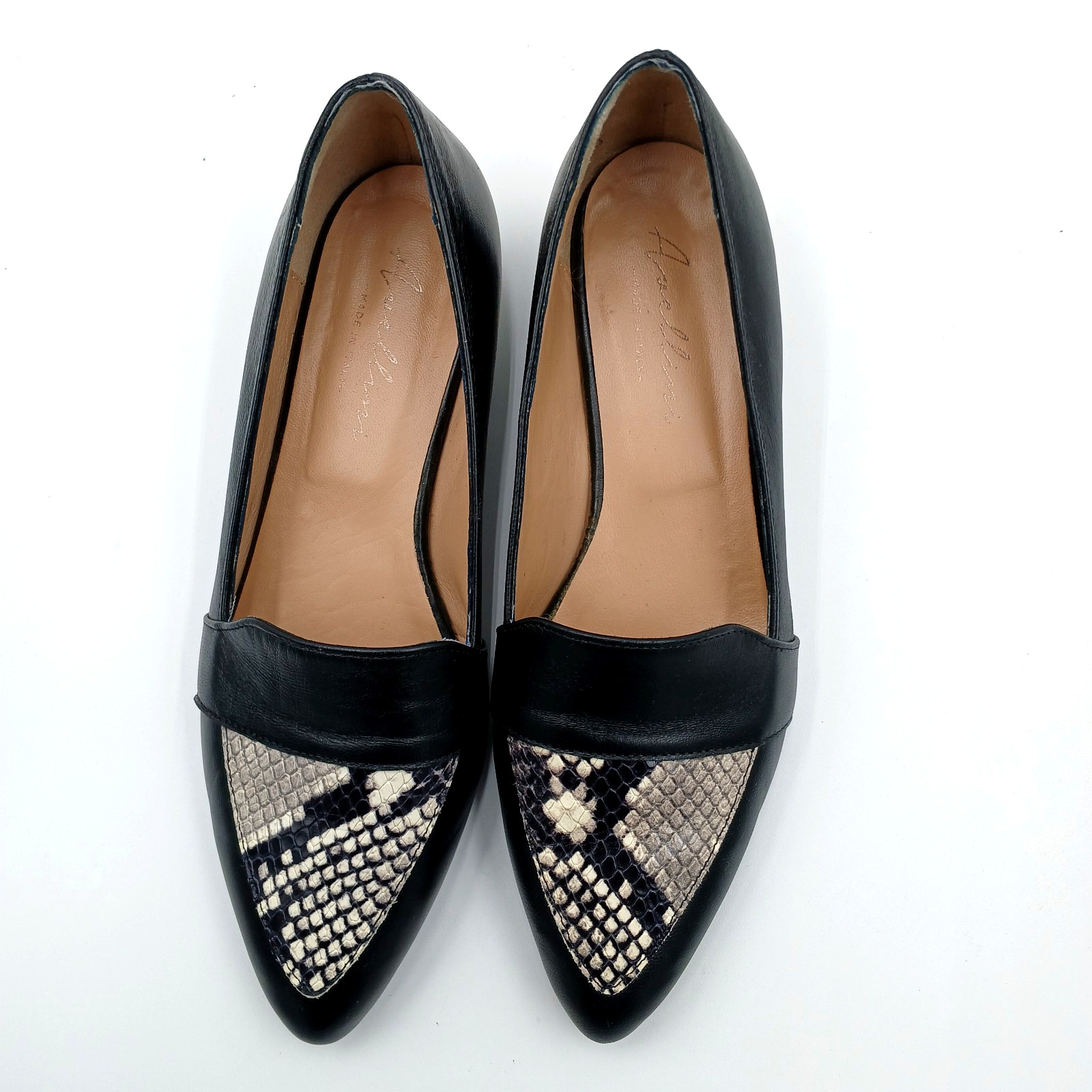 Avellini Womens Shoes Size 37 Black Leather Pointed Toe Snake Loafers Made Italy