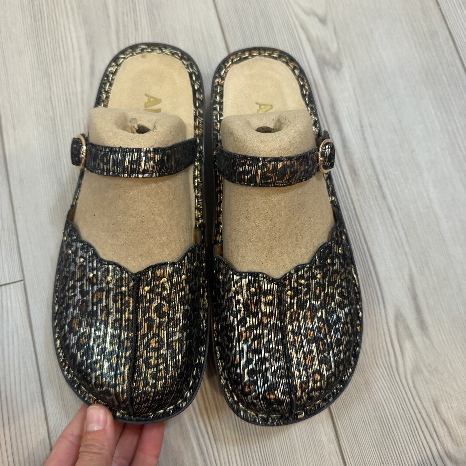 Alegria Tuscany Leopard Stripe Metallic Leather Clogs Mules TUS-403 38 8 8.5