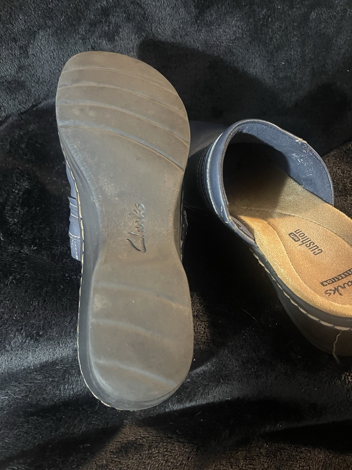 Clarks Collection Women’s Blue Leather Cushioned Slip-On Mule Wedge 7M