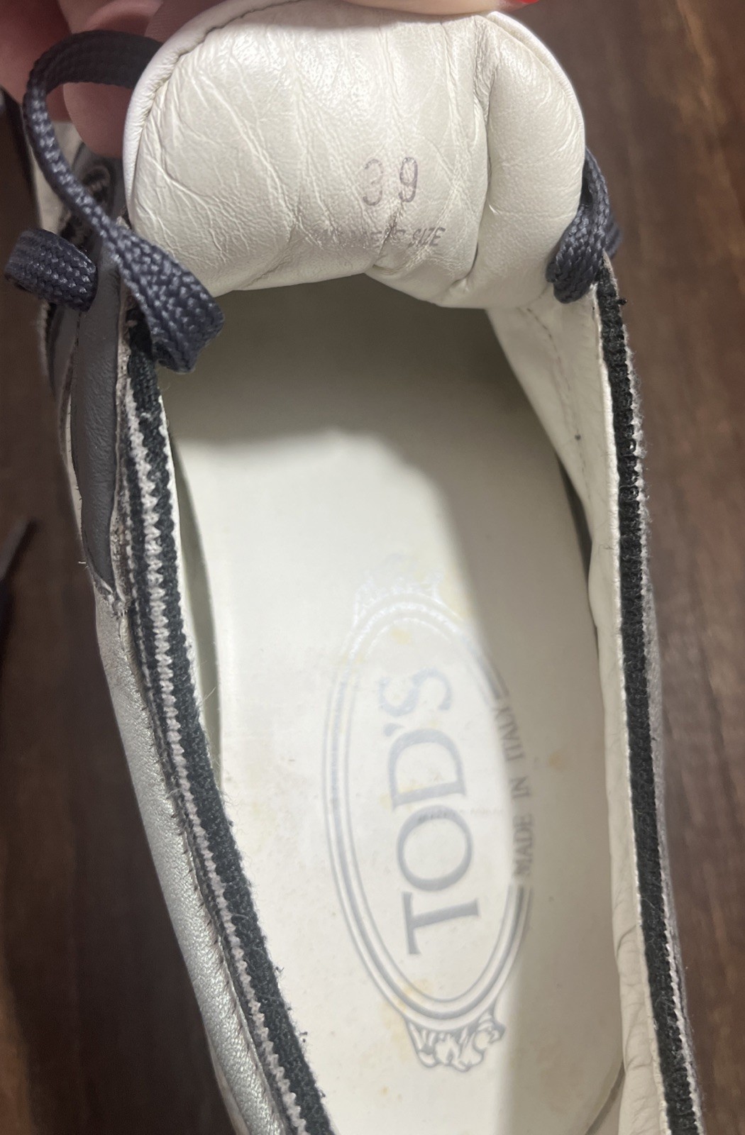 Tods Women’s Blue Gray Leather Fabric Almond Toe Wedge Sneakers Sz 8 US / 39 EU