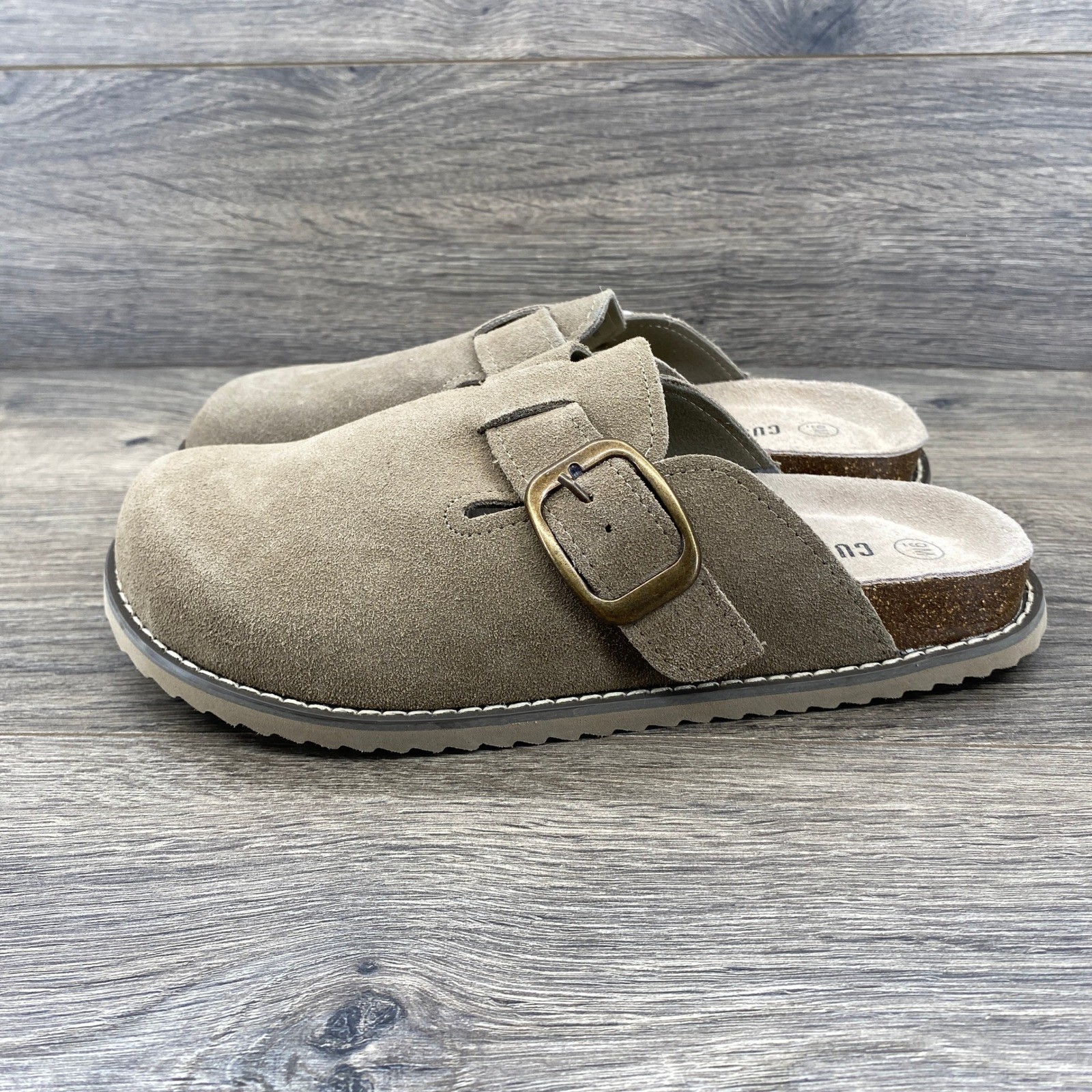 Cushionaire Womens Genuine Suede Leather Buckle Clog Mules Taupe Brown Size 9M