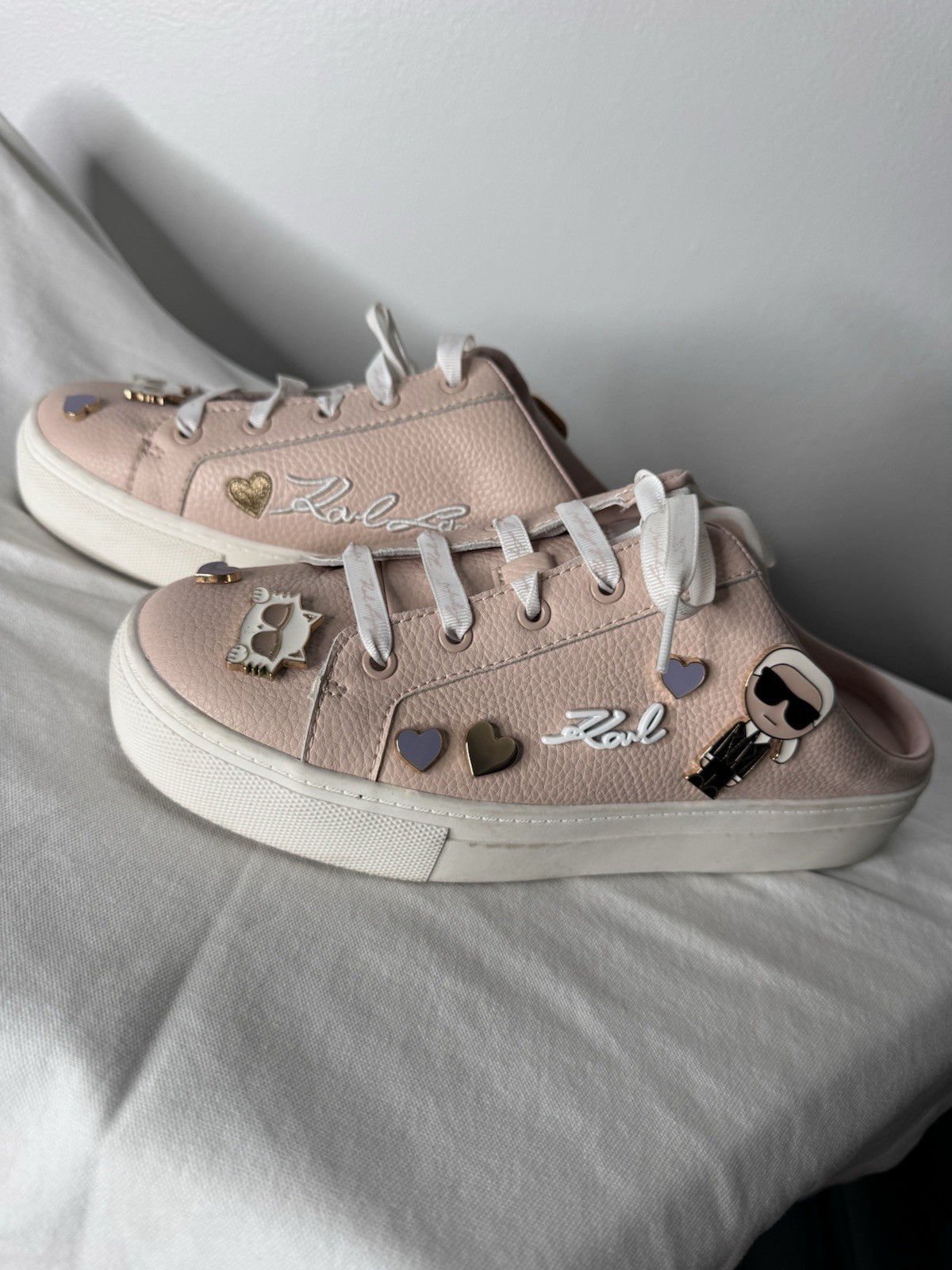 Women Karl LagerfeldCate Pins Charm Lace Up Open heel Sneak Pink Leather Shoe7,5