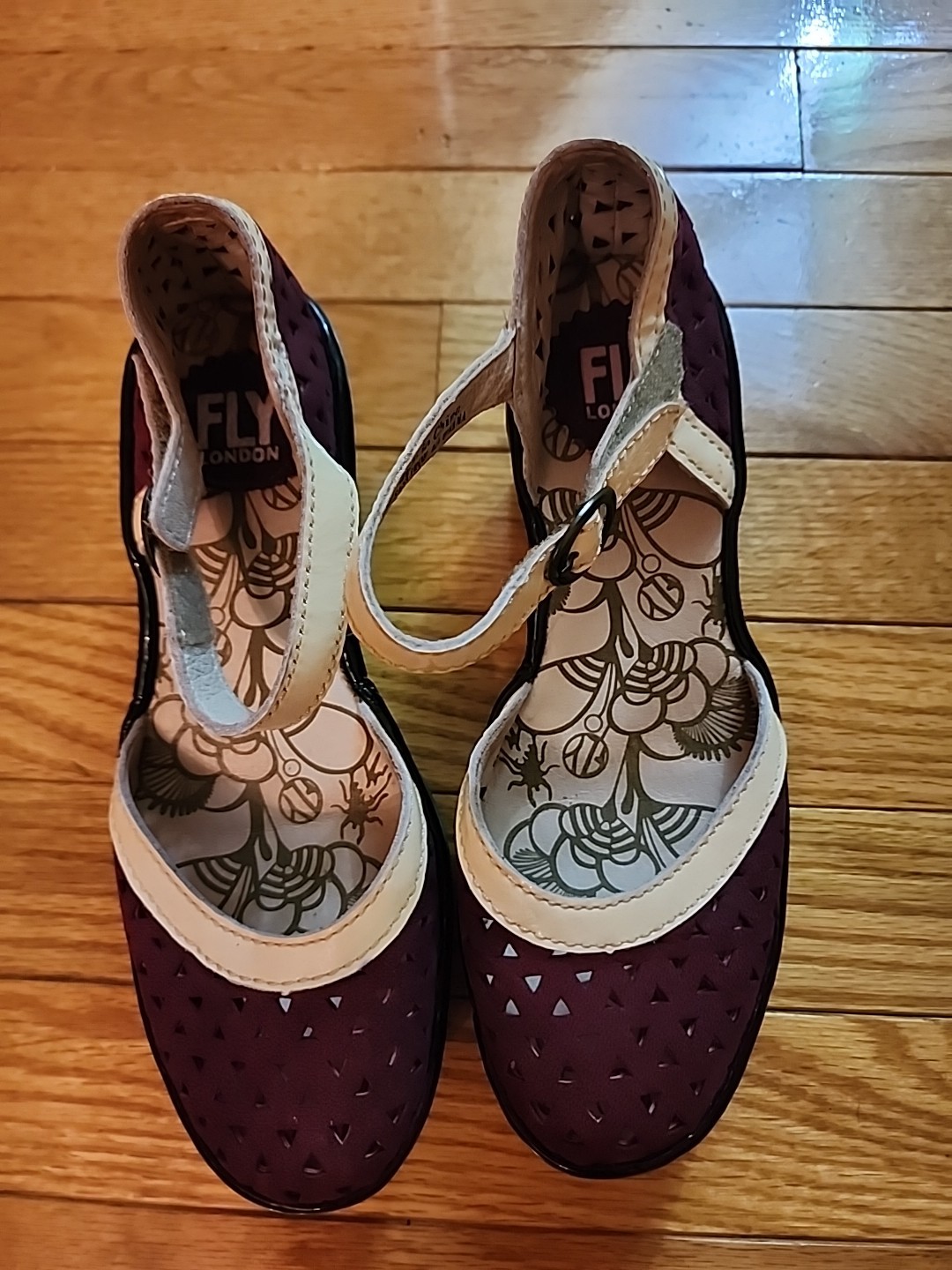 Fly London Burgundy With Cream Trim Mary Jane Wedge Shoes Sz 6 GUC