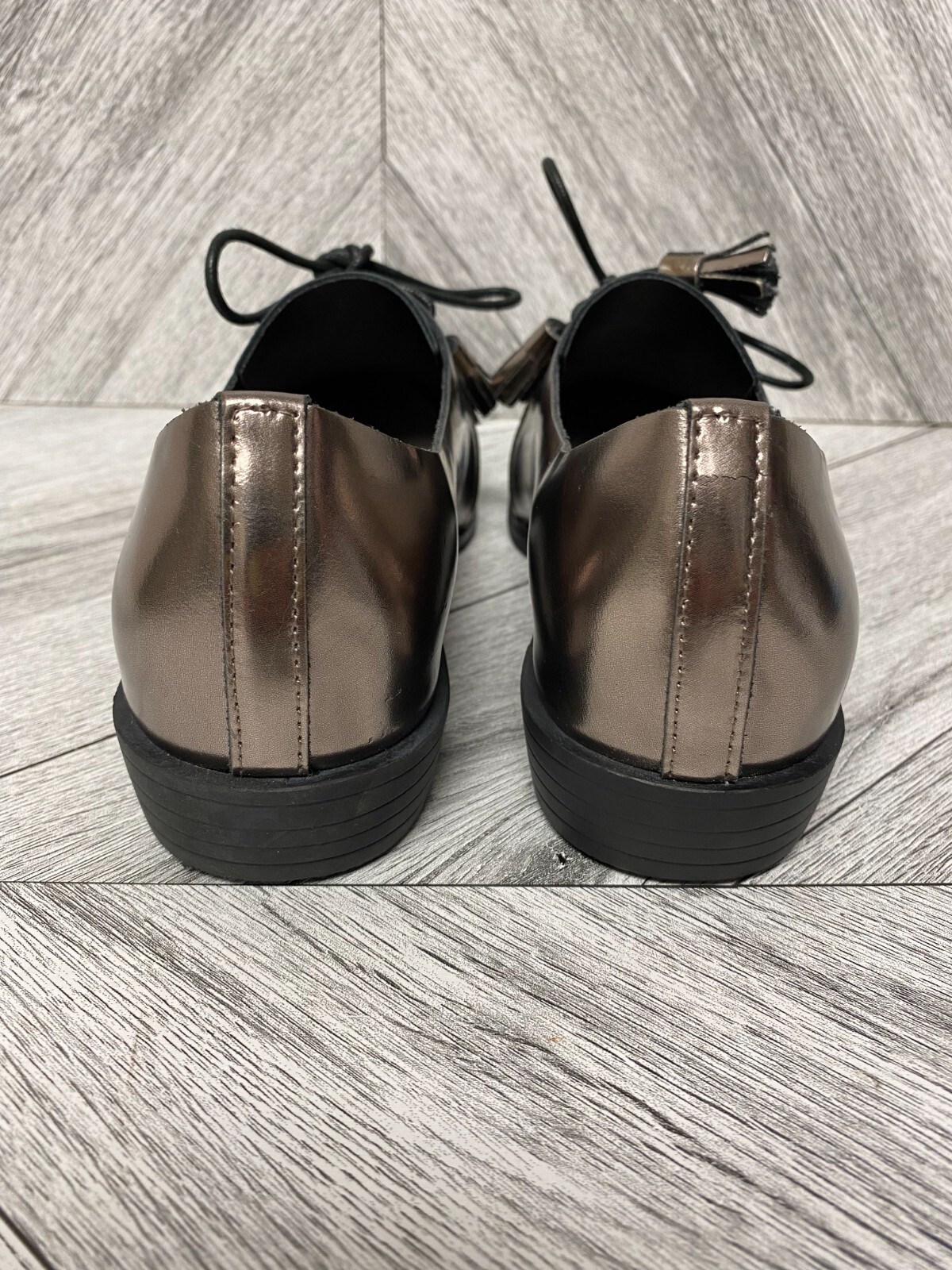 All Black Womens Black Silver Leather Colorblock Tassel Oxford Slip-On Shoes 36