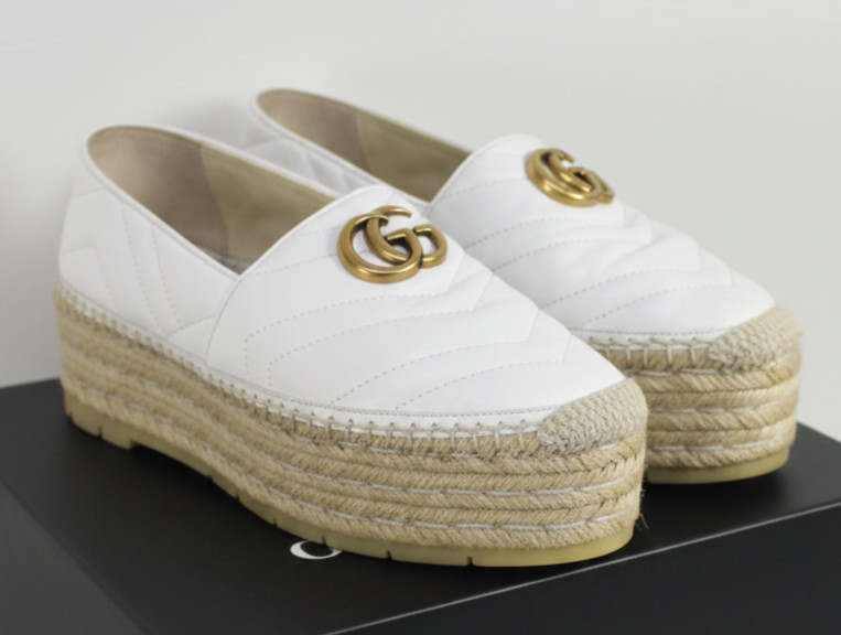 GUCCI SHOES PILAR WHITE CHEVRON LEATHER GG PLATFORM ESPADRILLE $790 39.5 US 9.5