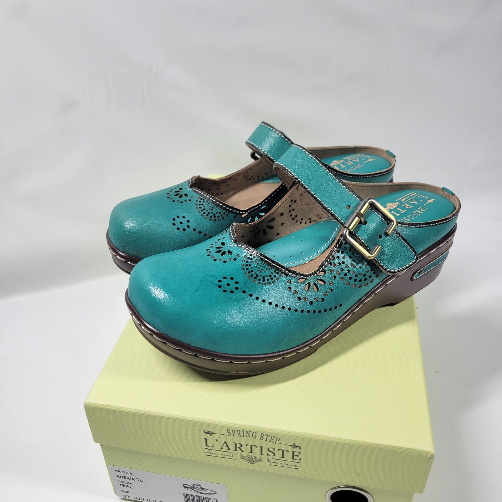 L’Artiste Aneria Mary Jane Shoe Womens 37 Green Leather Comfort Clog New *Flaws