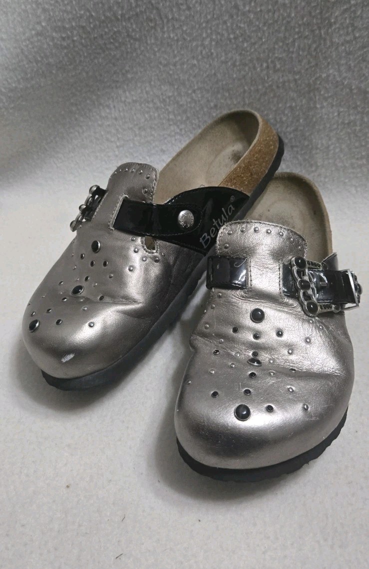Birkenstock Betula ROCKO Leather Mules sz 39 L 8 M 6 Pewter Studded Clogs Shoes