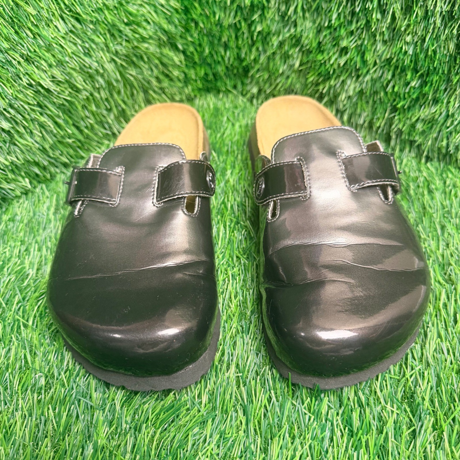 Betula by Birkenstock Licensed Clogs Metallic Patent Pewter Mules Women 8 EU 39