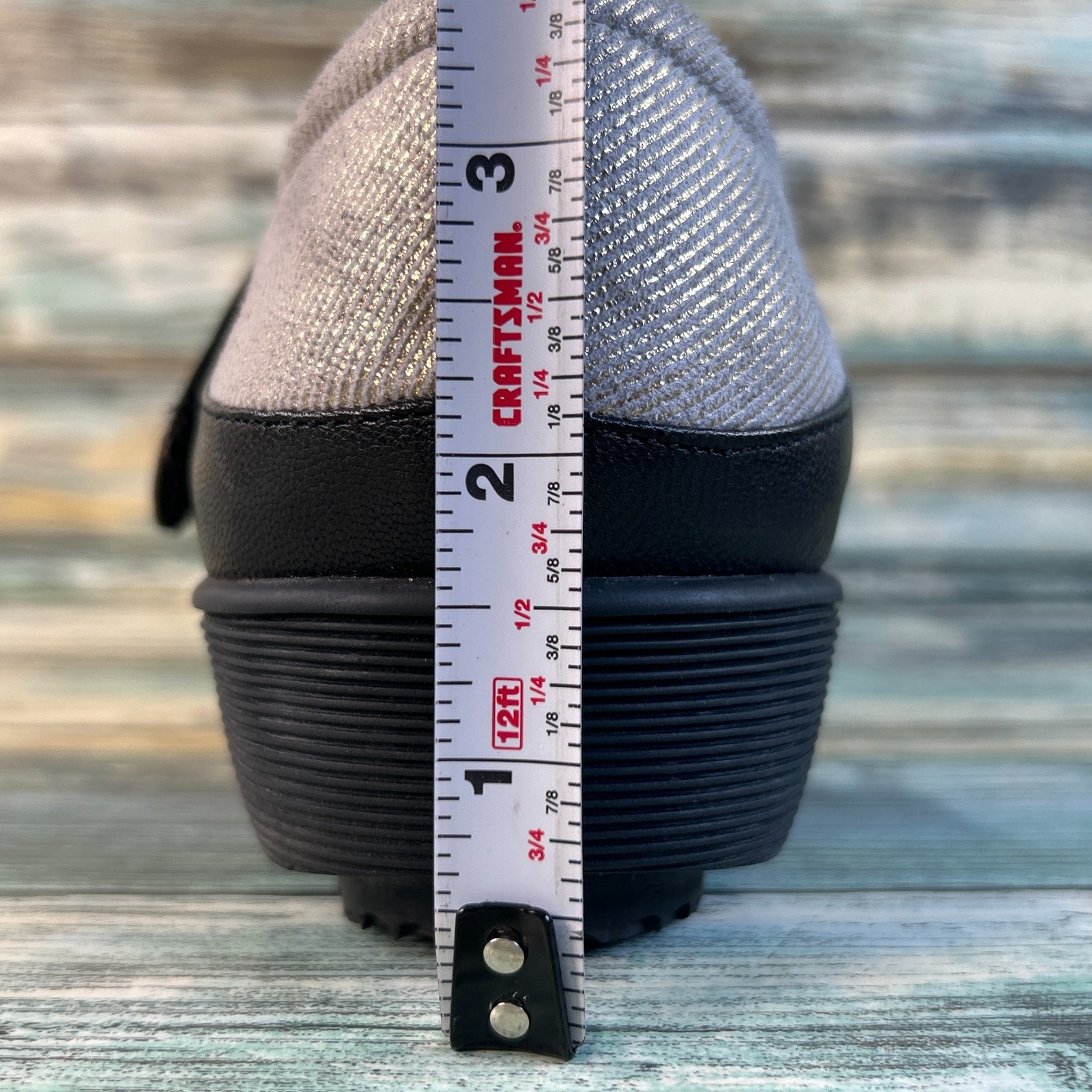 GRAVITY DEFYER Mary Jane 7.5 Wedge Adjustable Comfort Shoe Metallic Gray Leather