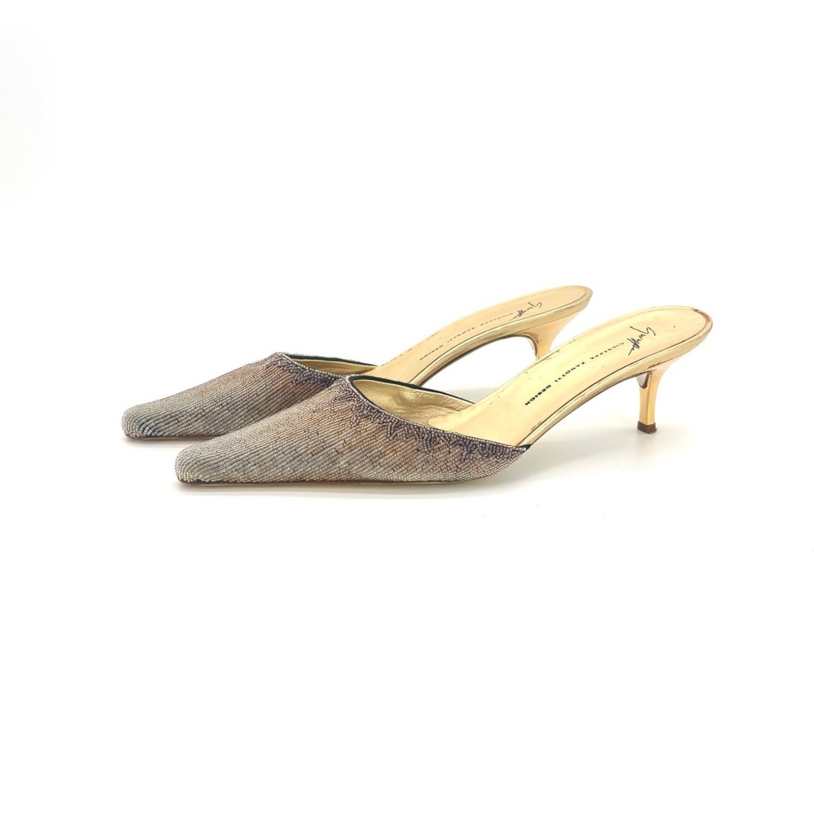 Vintage Giuseppe Zanotti Beaded Degrade Multicolor Peep Toe Kitten Heel Mules 38
