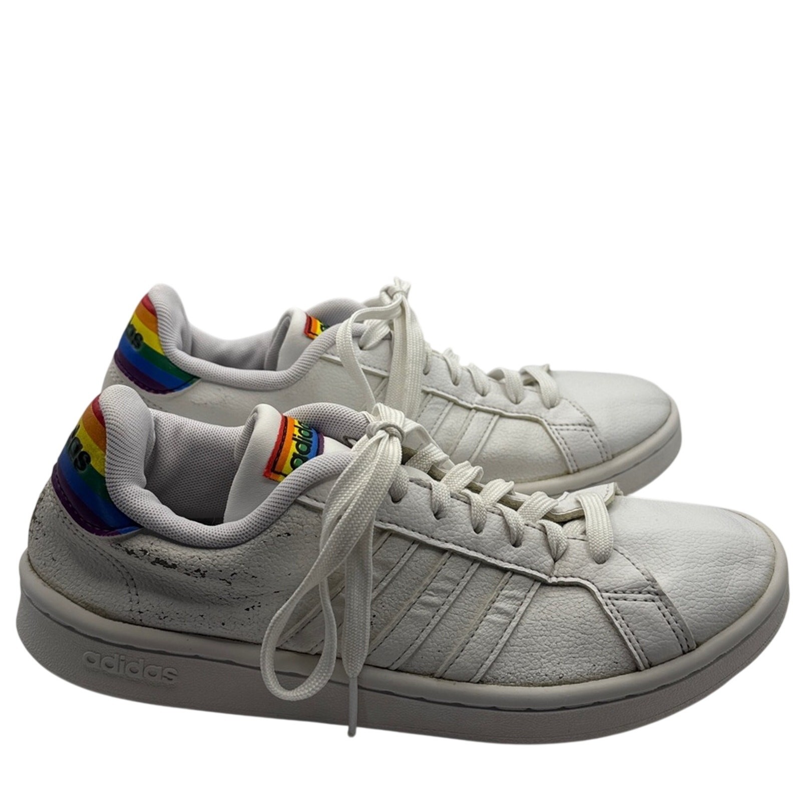Adidas Grand Court Pride Sneakers White Rainbow Heel Women’s Size 7.5 Cloudfoam