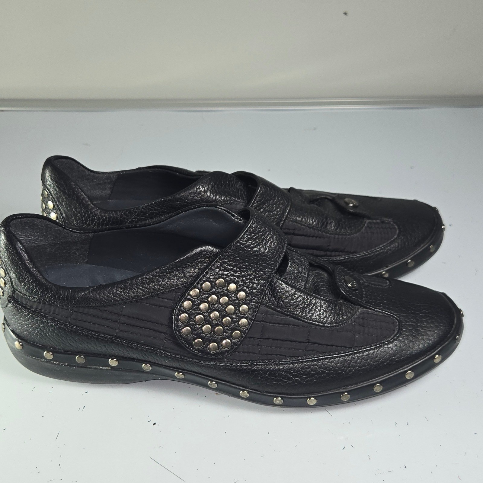 Stuart Weitzman Black Leather Studded Embellished Strap Sneakers Shoes Size 7