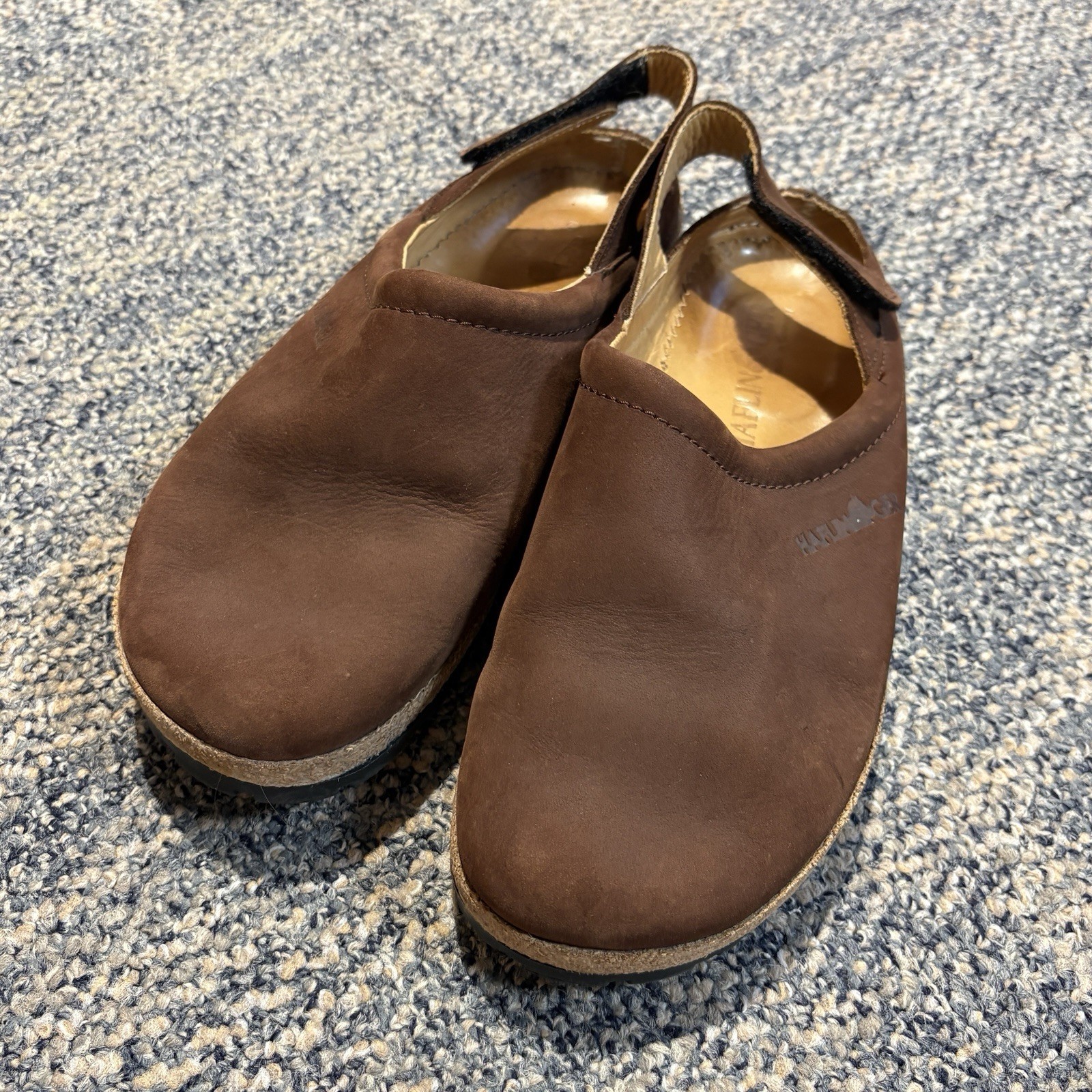 Haflinger Brown Leather Clogs Womens Sz 39 / 8 Cork Sole BackStrap Shoes Comfort