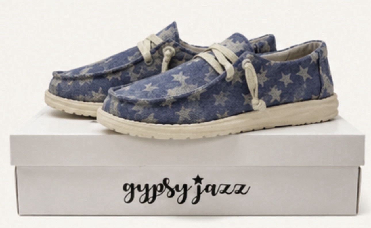 Gypsy Jazz Blue/White Star Canvas Lace-Up Boat Shoes US 9.5 women’s size