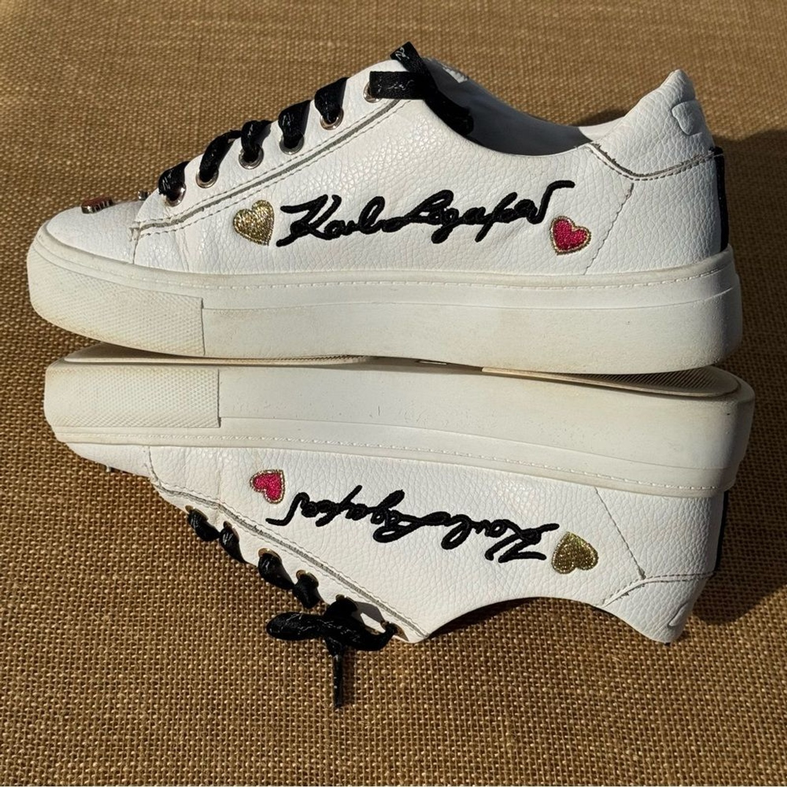 Karl Lagerfeld Paris Cate Pins Sneakers White Leather Heart Pins Charm Women 6M