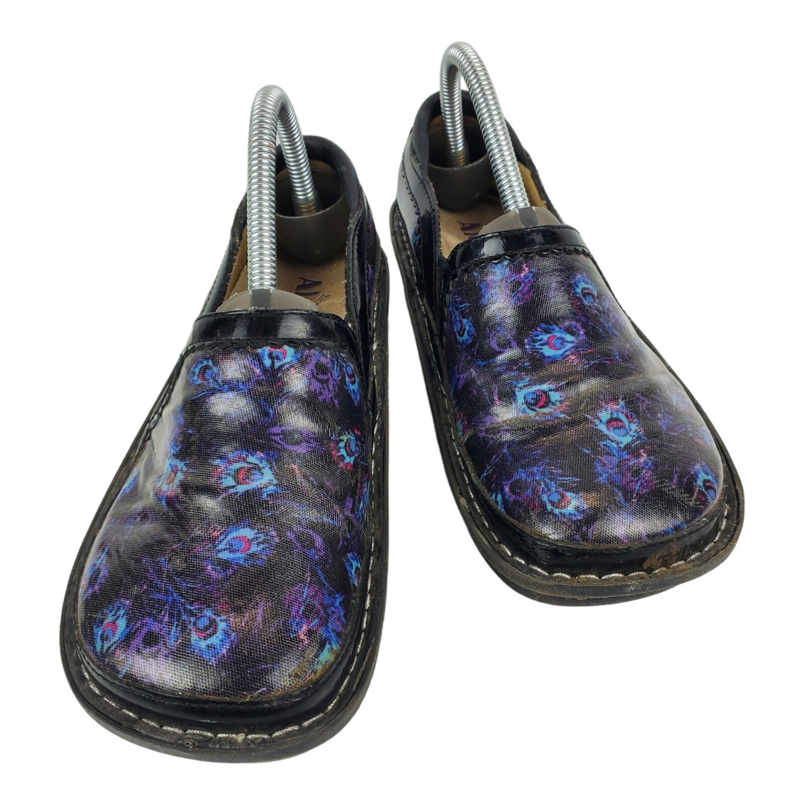 ALEGRIA Shoes Womens 38 US 7 Black Peacock Animal Print Nursing Clogs DEB-365