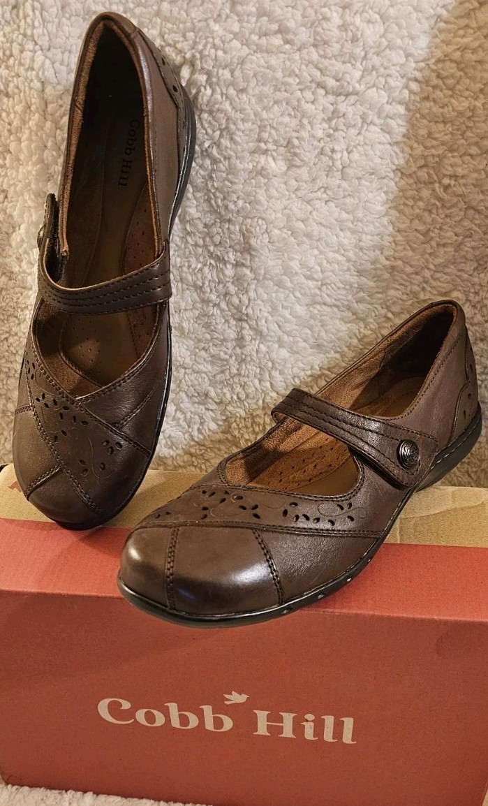 Cobb Hill Petra Mary Jane Leather Loafers Brown Laser-cut Wedge Shoes Womens 8 N