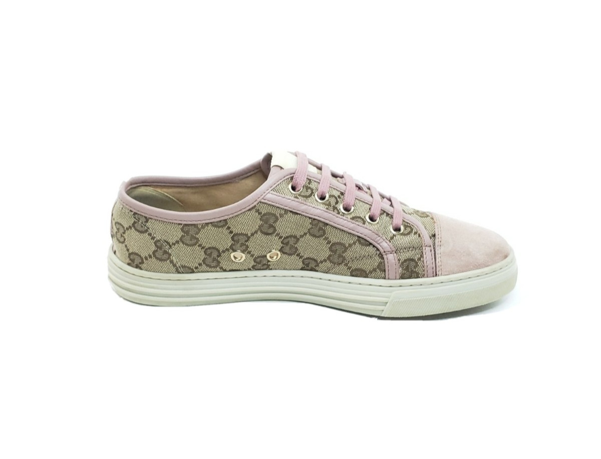 Gucci GG Canvas Low Top Sneakers Pink Suede Lace Up Womens EU 39 US 9