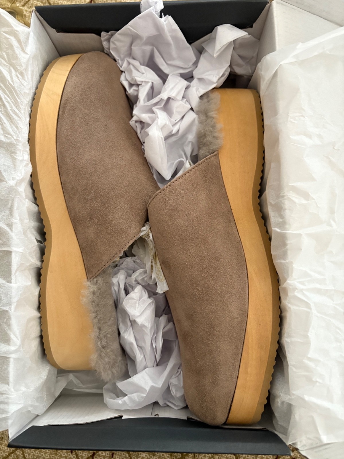 Eileen Fisher Suede Shearling Wood Heel Clogs Shoes Size 9M Light Brown NIB