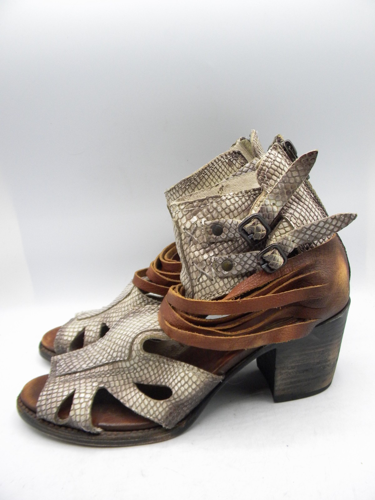 FREEBIRD by Steven Nest Snake Print & Brown Leather Block Heel Sandal Sz 9