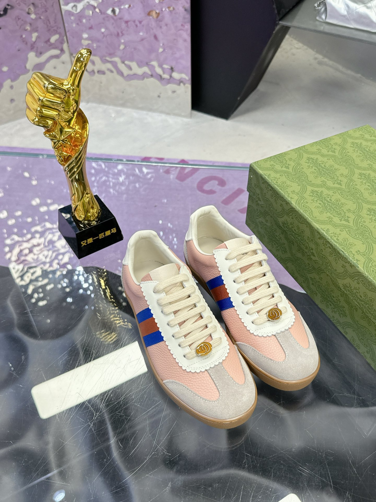 Gucci Pink Grey Suede Web Stripe Vintage German Trainer Women’s Sneakers