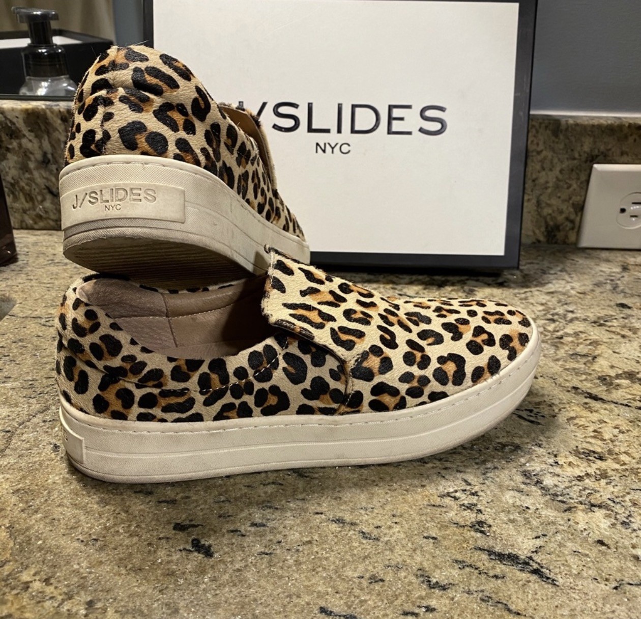 J/Slides NYC Harry Leopard Pony Hair Leather Slip On Sneakers Womens 8.5