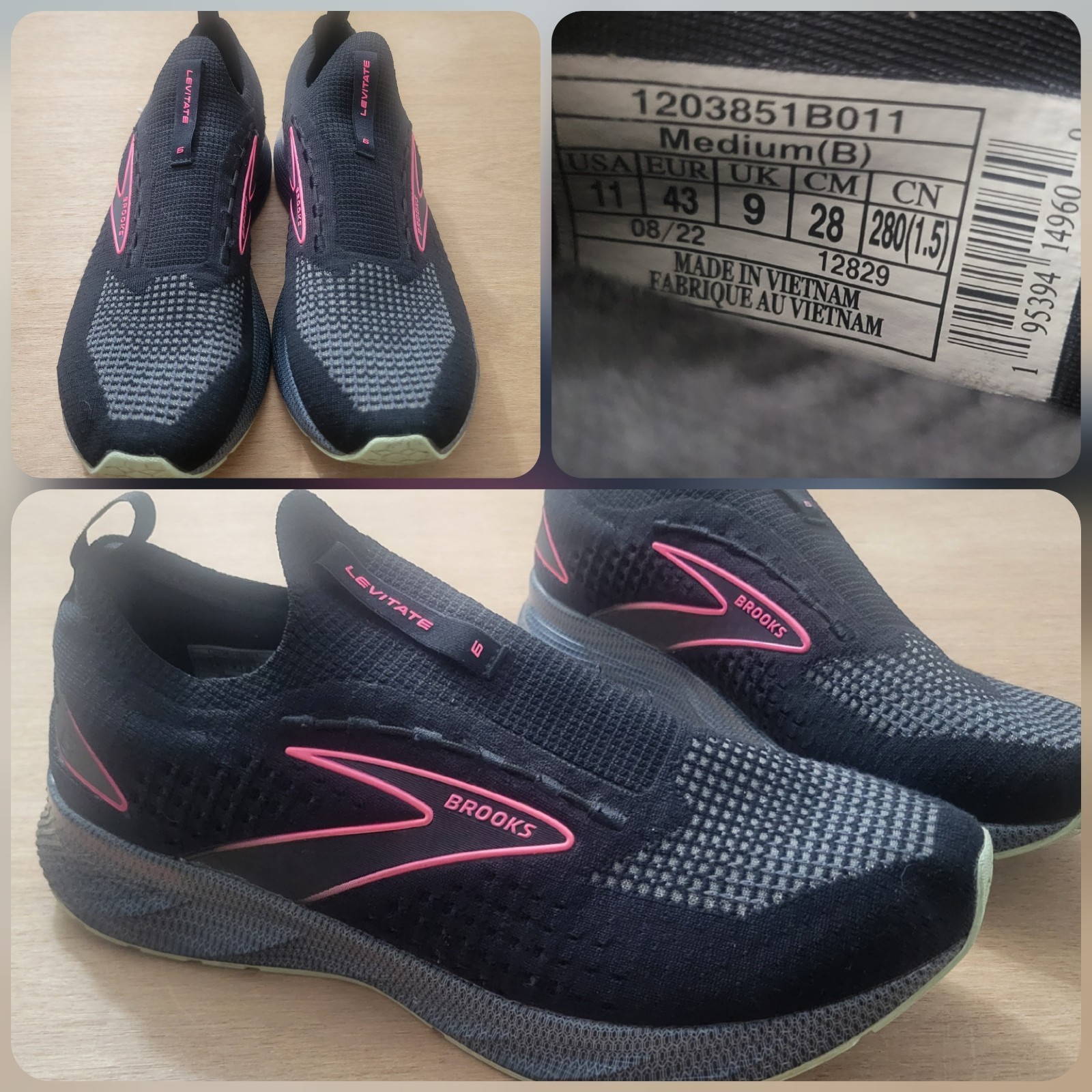 BROOKS Levitate StealthFit 6 Women’s Running Shoes Sz 11B Black Pink Sneakers