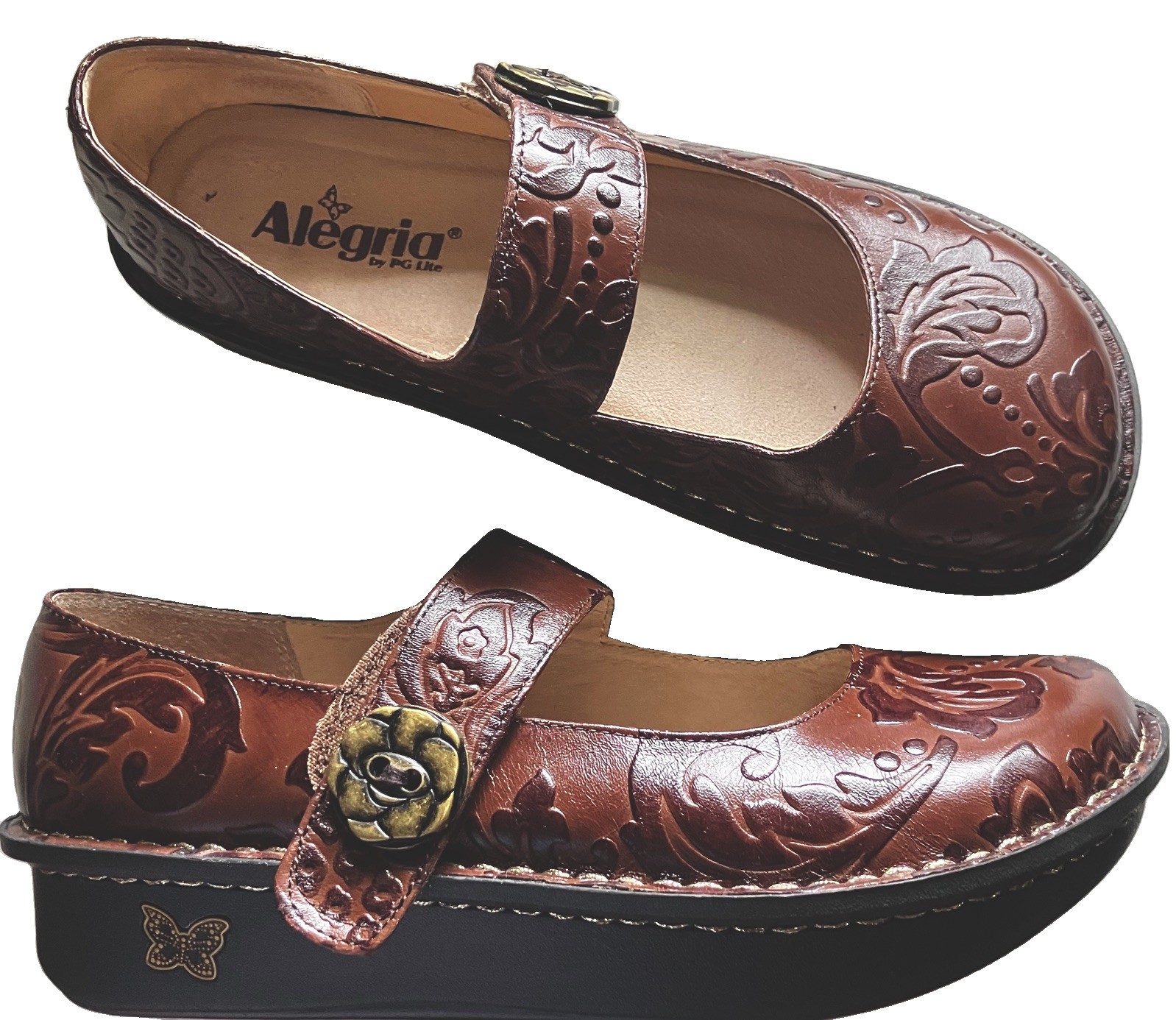 Alegria Paloma Mary Jane Shoes Womens Ortho 39/9-9.5. Brown Leather Floral $140