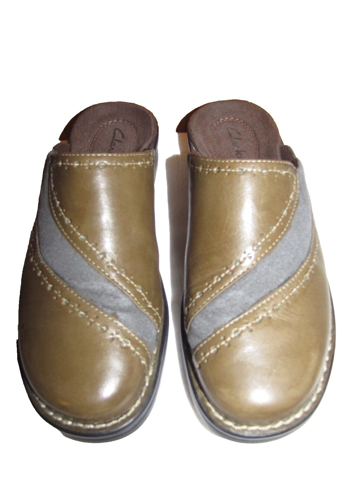 CLARKS NICE COMFY OLIVE GREEN & GRAY LEATHER & TEXTILE COMFORT SLIDE MULES 8M