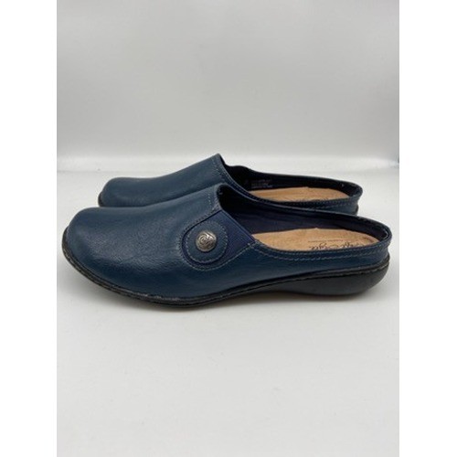 Soft Style Hush Puppies Mules Womens 9 Wide Blue Leather Button Slip On Clogs