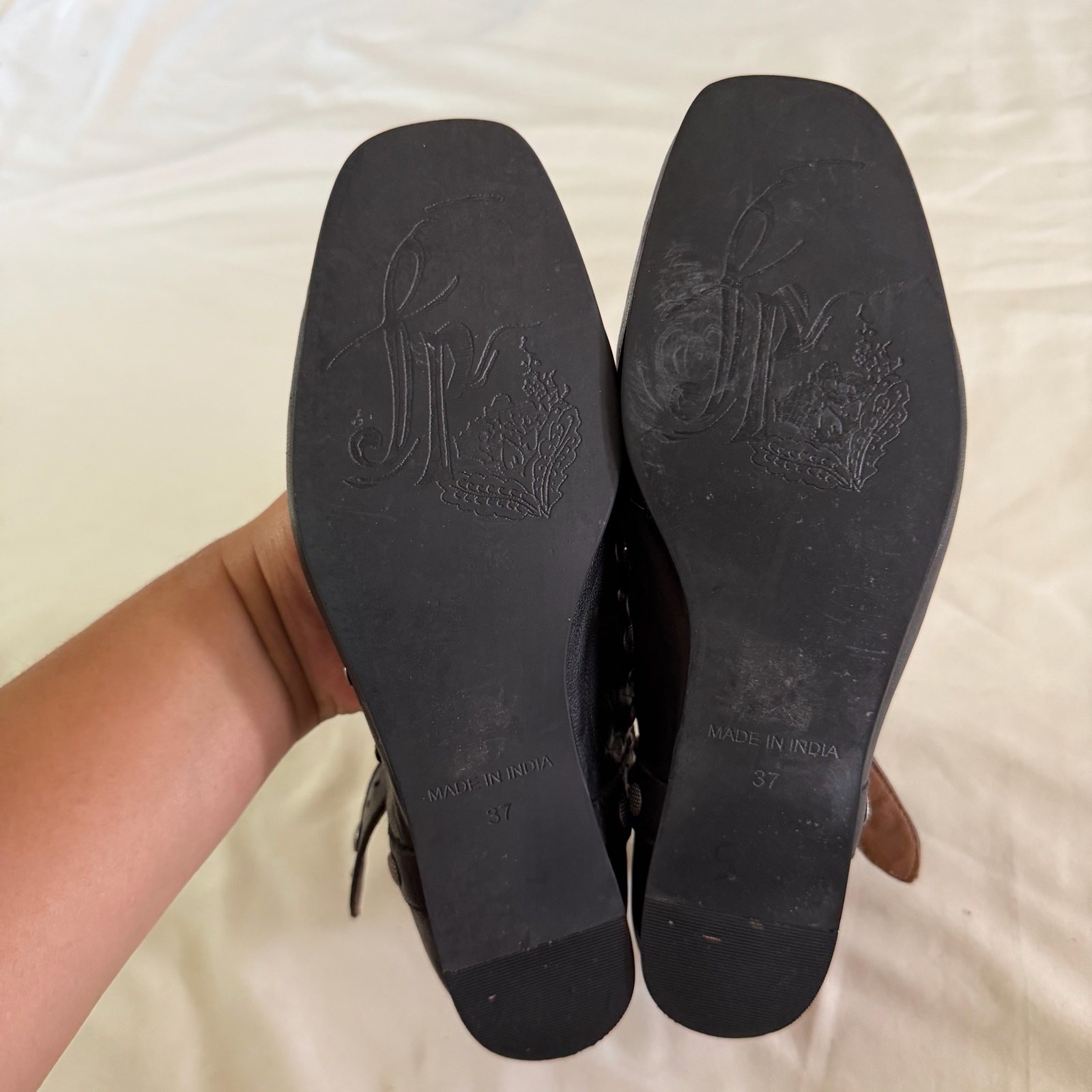 Free People Black Genuine Leather Studded Ankle Strap Flat 37 6.5 Fairy Grunge