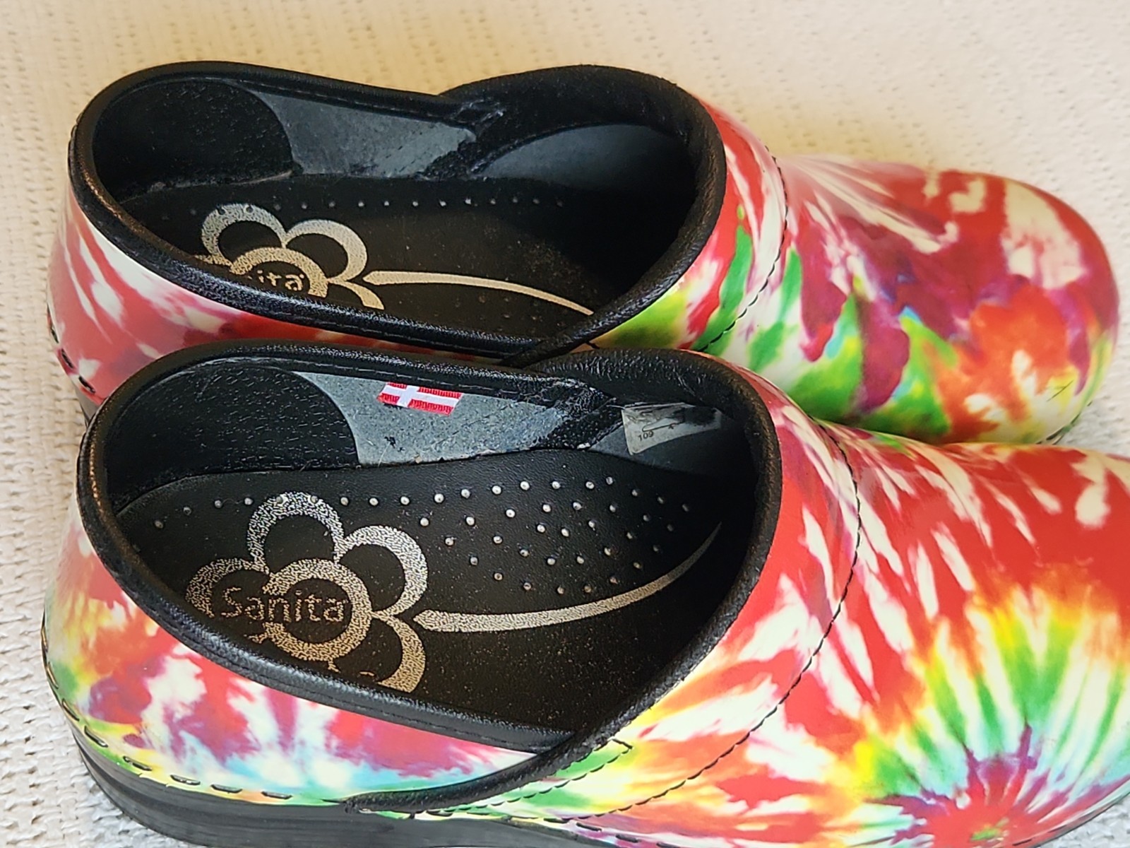 Sanita Tye Dye Waterproof Clogs Size 37 / 7 Danish Hard soles Black The Original
