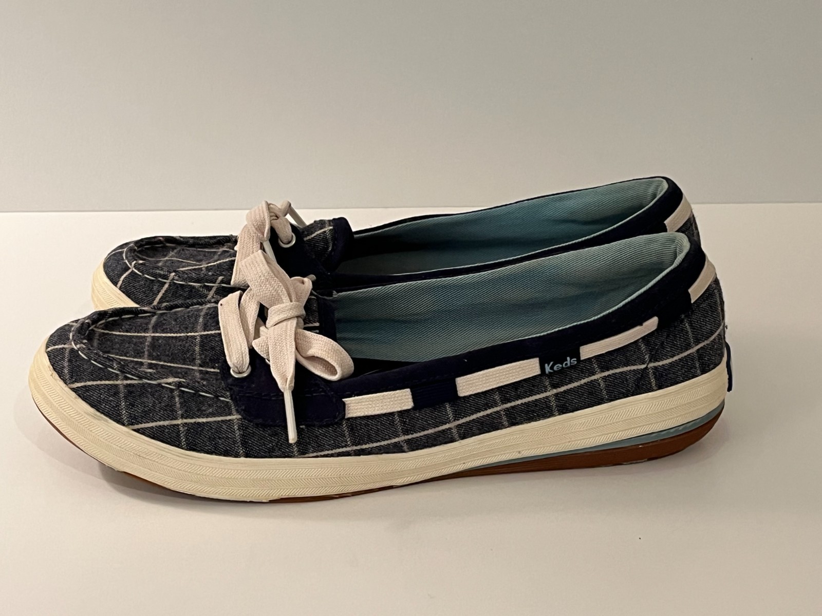 Keds Glimmer Blue & White Stripe Tie Toe Slip On Boat Shoes Women’s Size 8.5