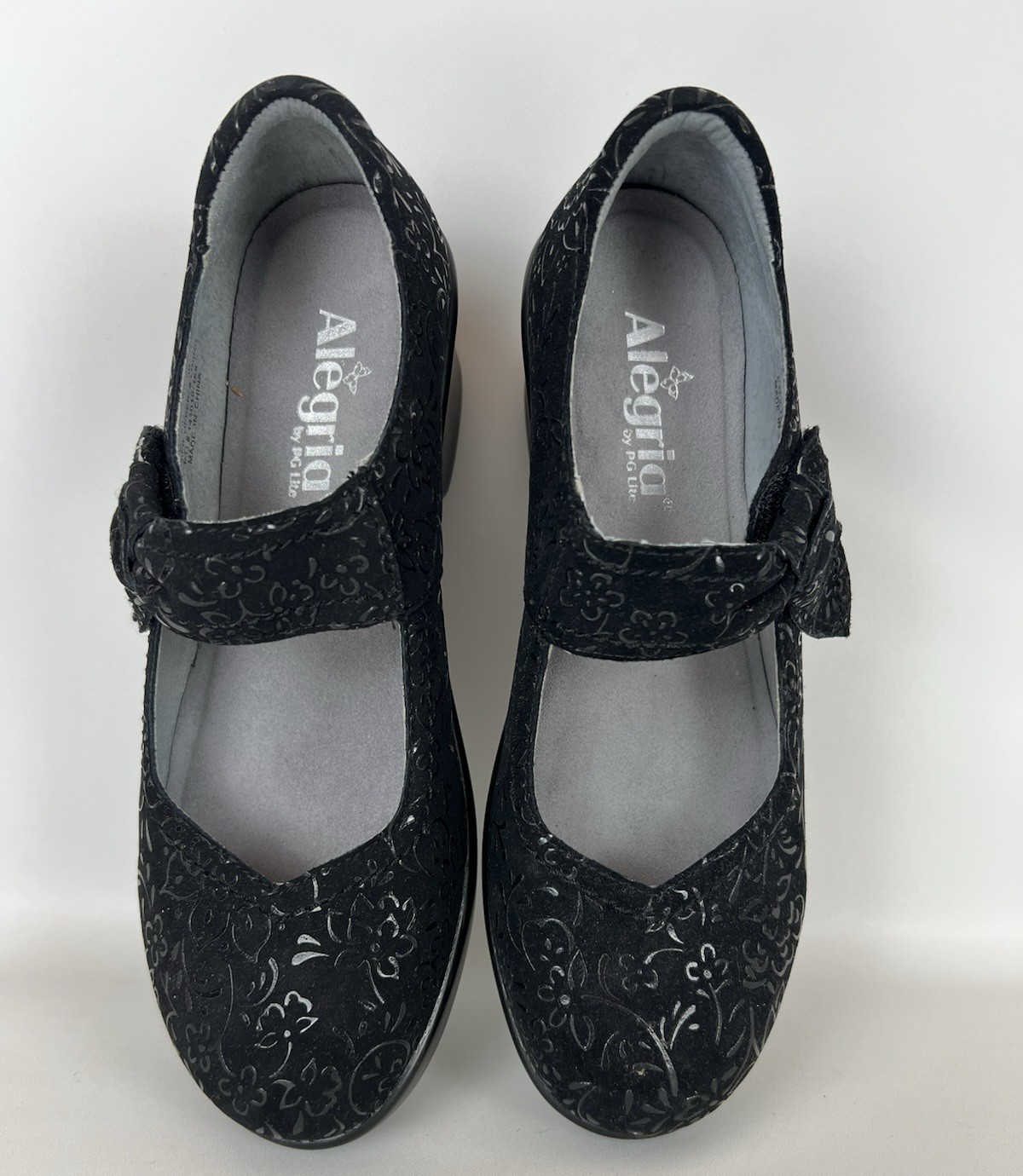Alegria Mary Jane Clogs 38 Black Floral Embossed Leather Shoes US 8-8.5