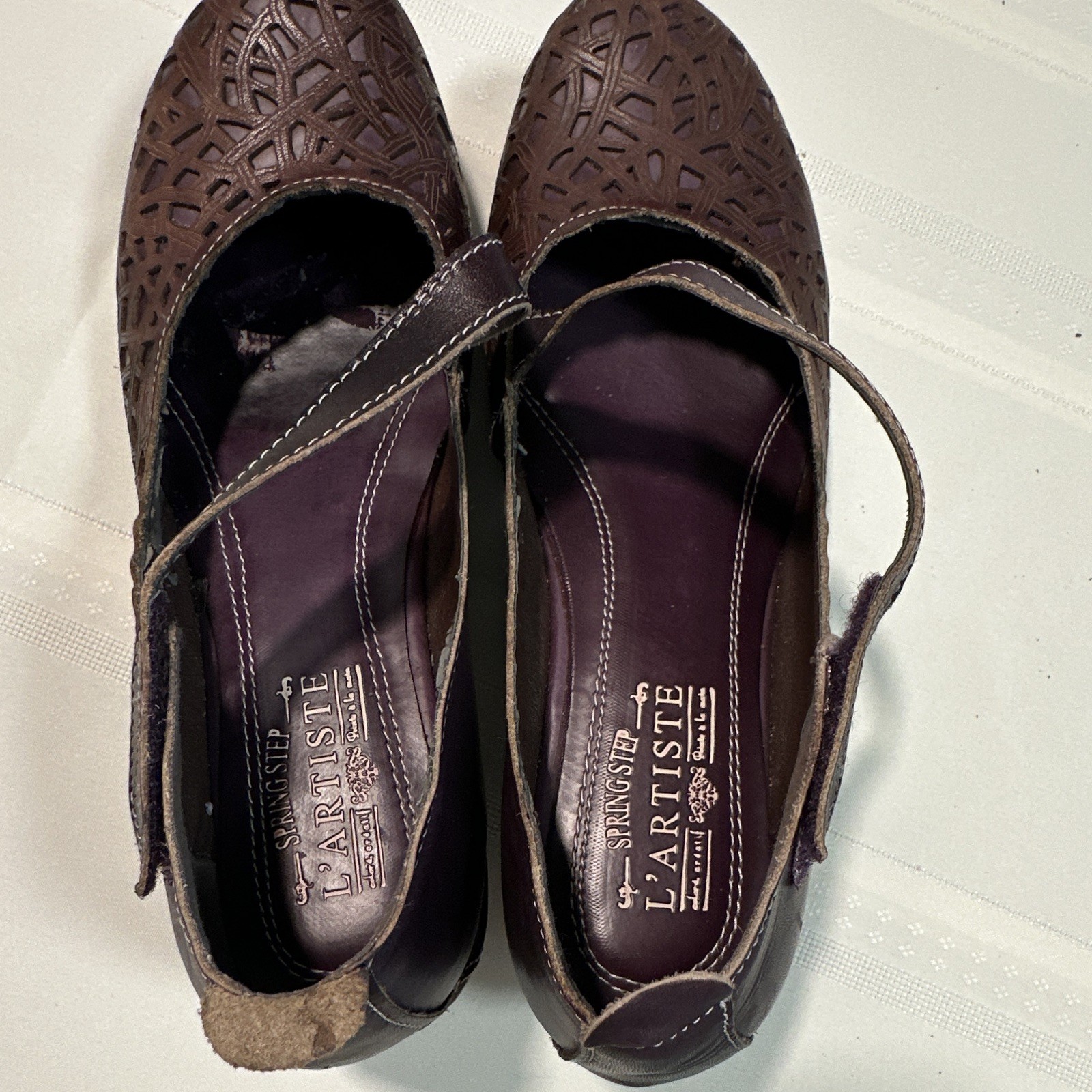 L’Artiste by Spring Step Brown Leather Mary Jane Flats Hook & Loop Wedge EU 41