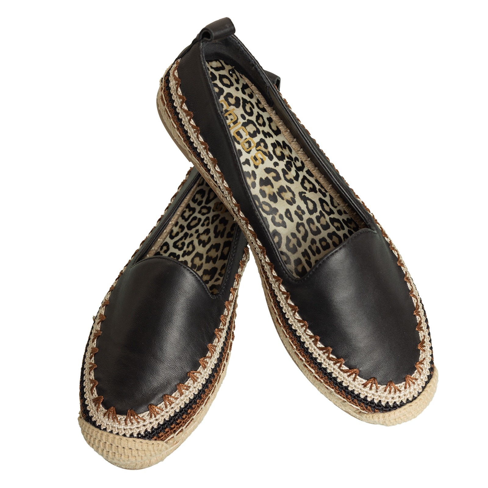 Women’s Black Leather Chico’s Crochet Slip-on Espadrille Flats NWOB – Size 7M
