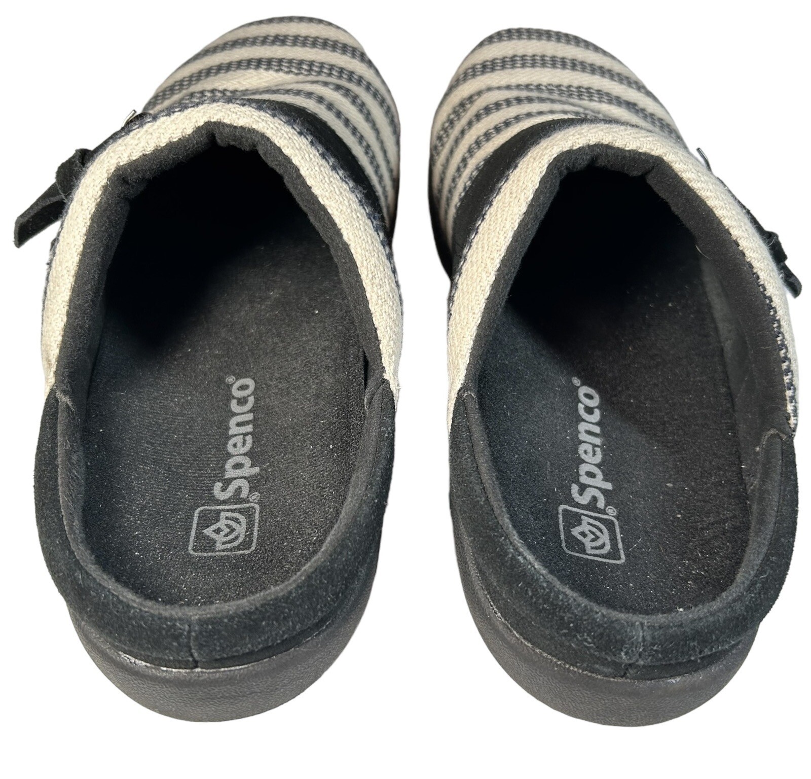 SPENCO Aria Clog SIZE 8.5 Slip On Mule Black Ivory Stripe Slide Shoe Comfort
