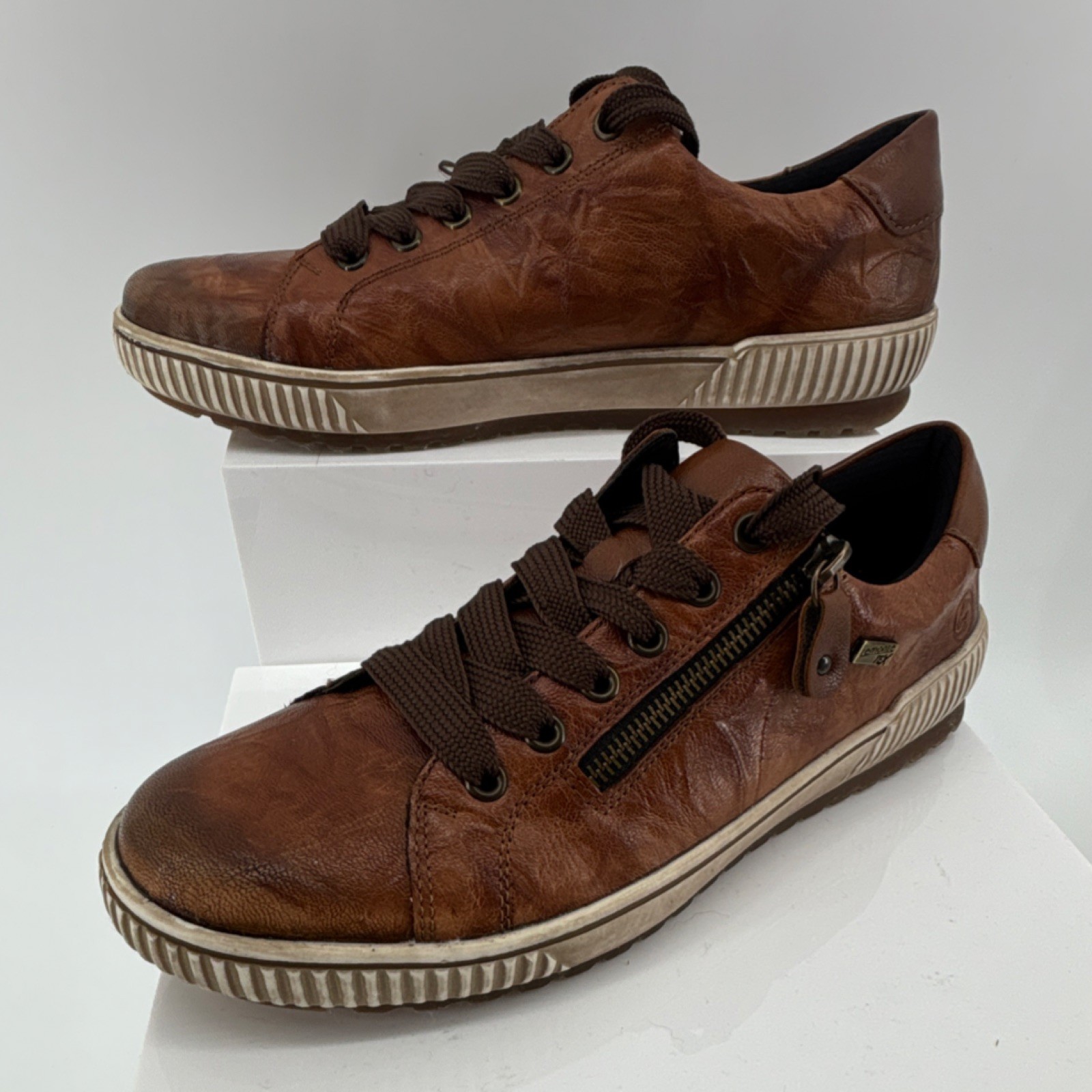 Remonte Brown Leather Lace-Up Sneakers Zipper Logo Women US 9.5 EU 41 Comfort