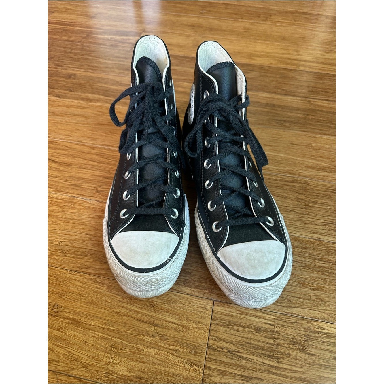 CONVERSE Chuck Taylor Size 8 All Star Black Leather High-Top Platform Sneakers