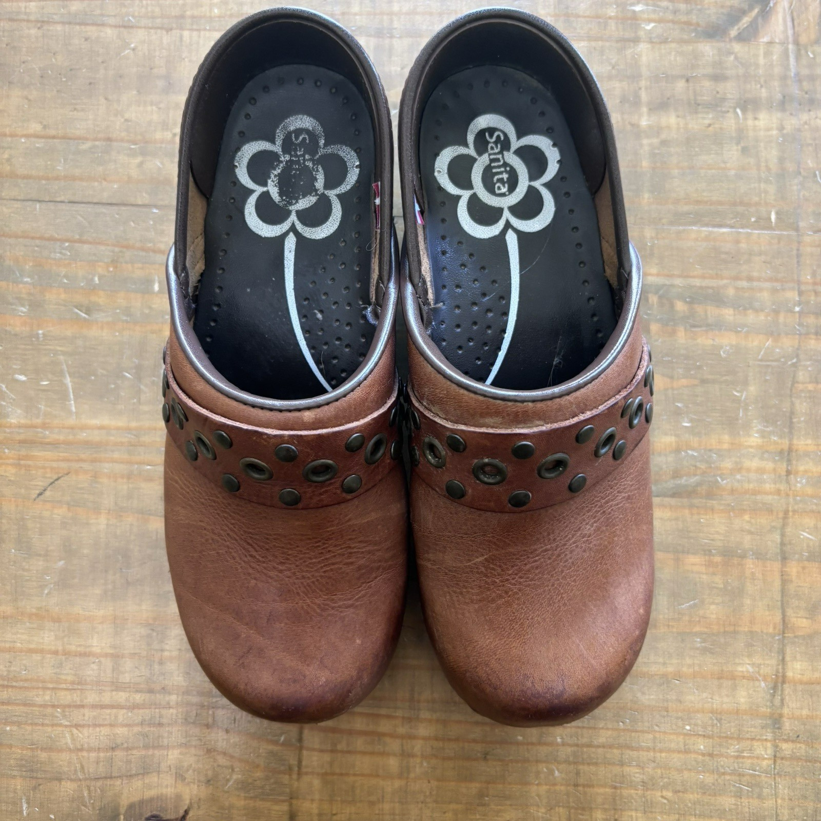 Sanita Caddo Brown Leather Studded Clogs-Size 37-US Size 5.5-6-Boho/Comfort