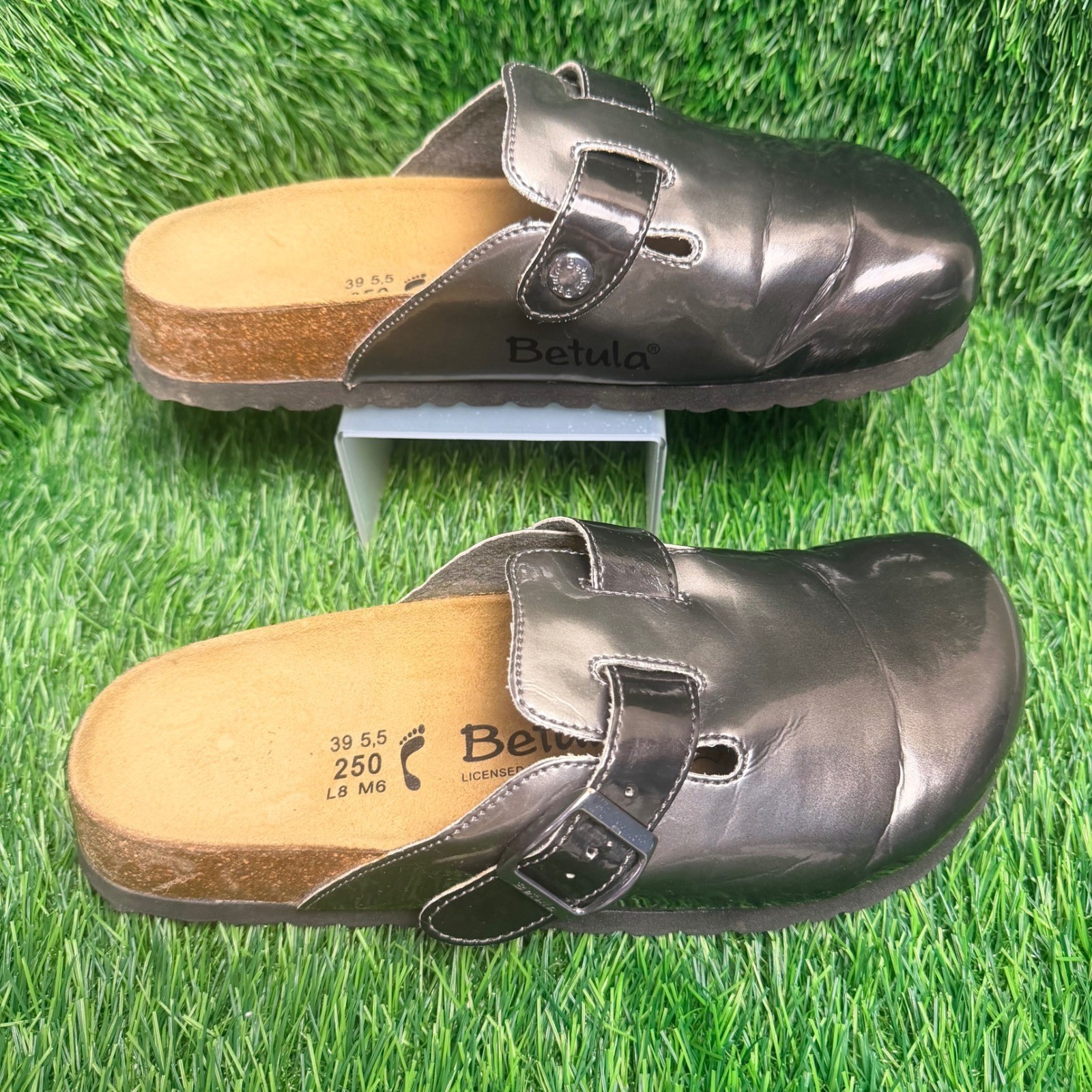 Betula by Birkenstock Licensed Clogs Metallic Patent Pewter Mules Women 8 EU 39