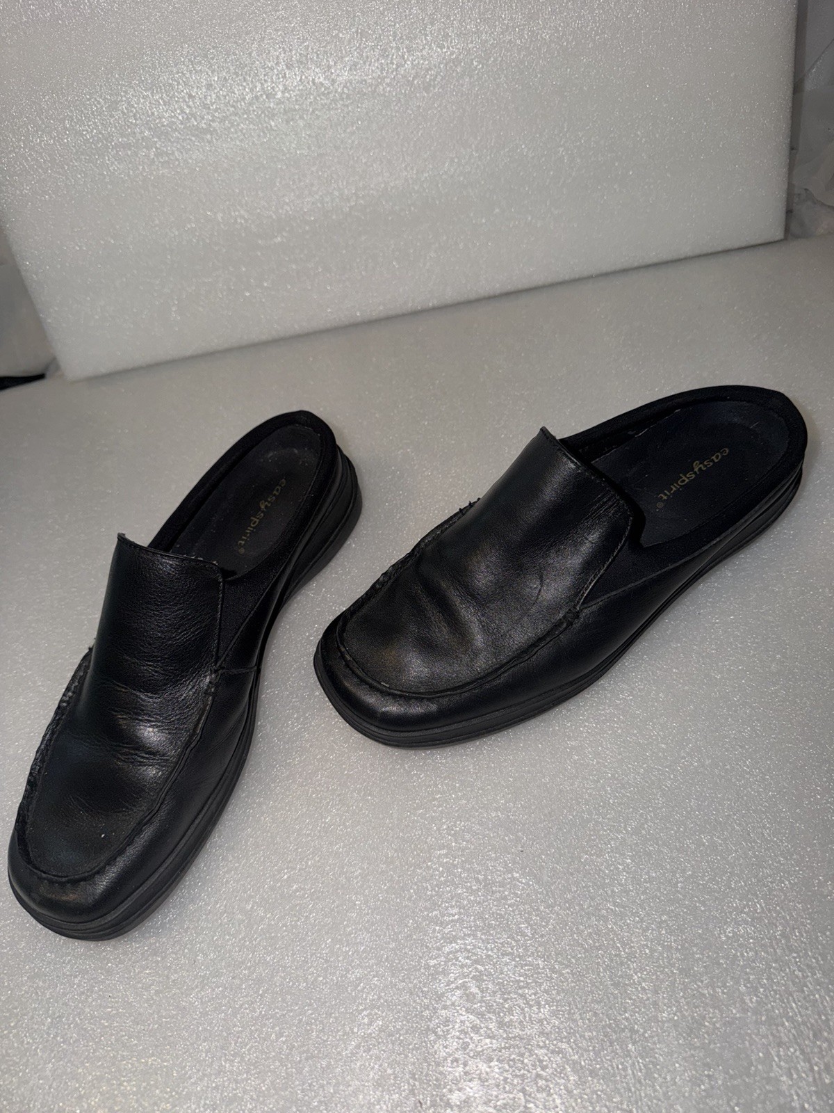 Easy Spirit Women’s Black Leather Slip-On Mule Shoes, Square Toe, Size 6